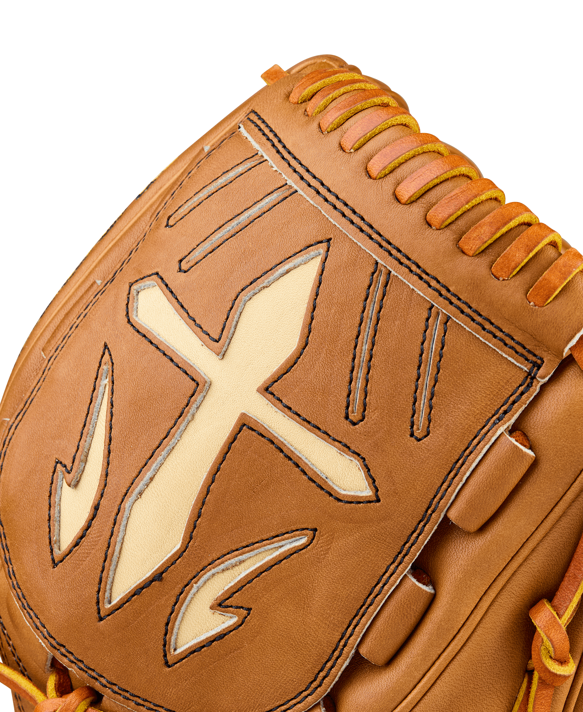 Wilson A2000 Classic B23 Pitcher's Glove web detail, Saddle Tan with blonde accents, showing Swordsman web stitching.