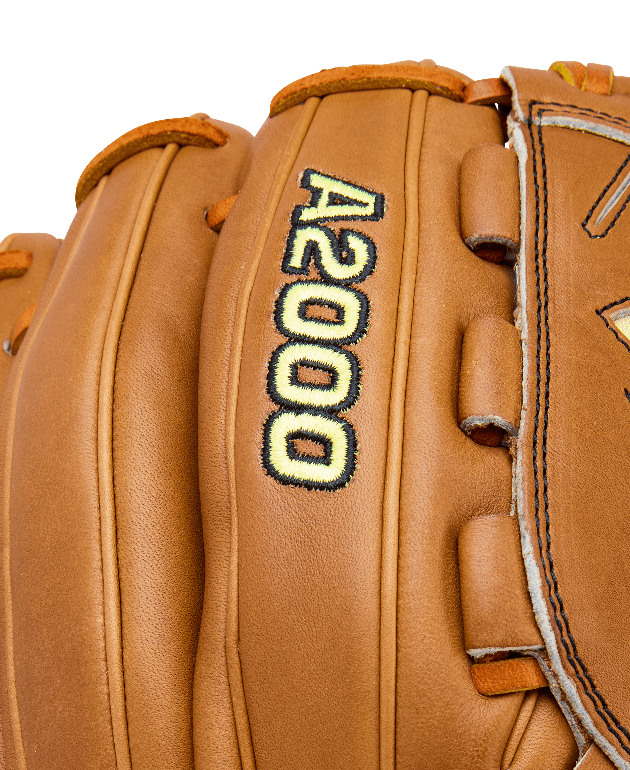 Backhand detail of Wilson A2000 Classic B23 Pitcher's Glove Saddle Tan/Blonde featuring A2000 embroidery and tan lacing.