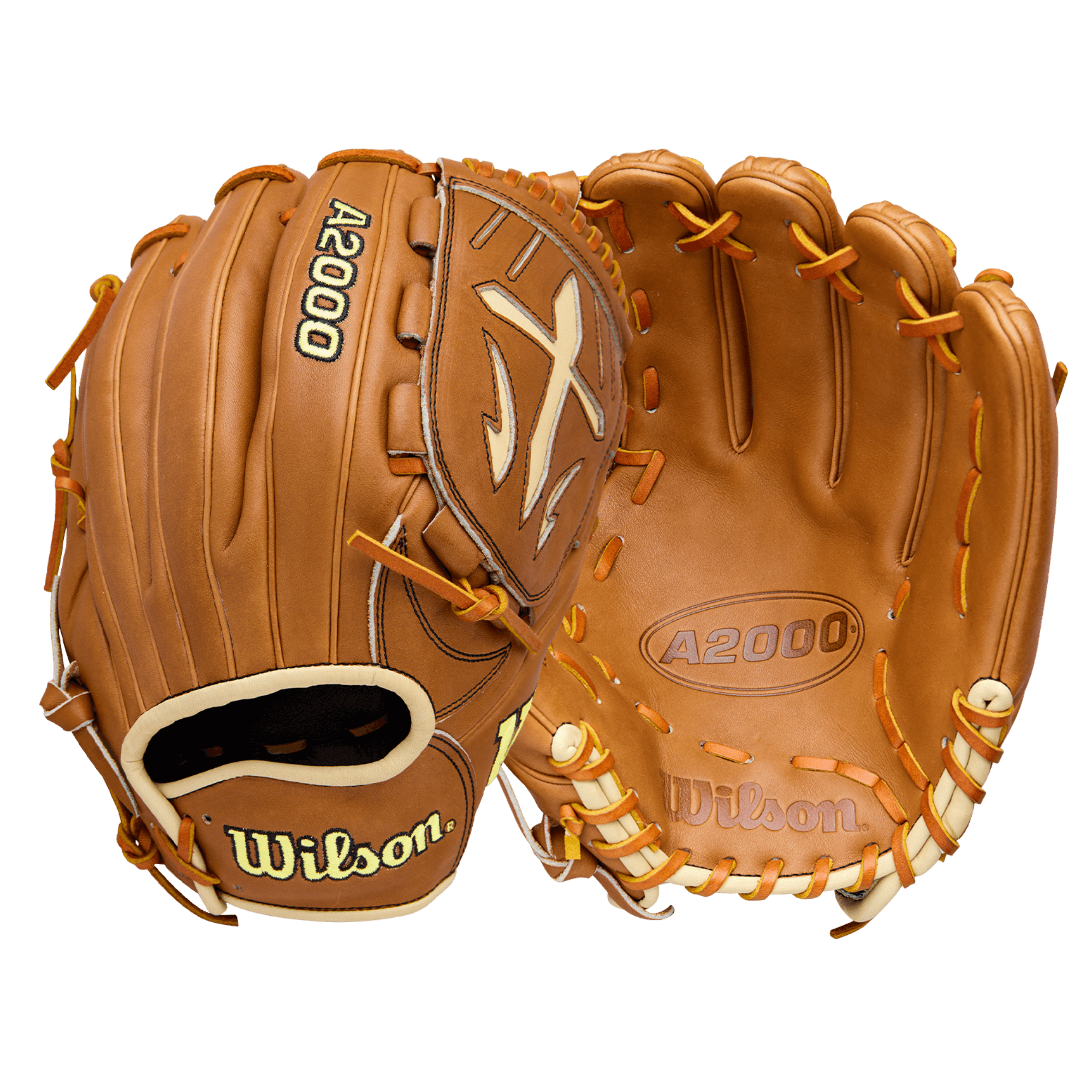 Wilson A2000 Classic B23 Pitcher's Glove Saddle Tan/Blonde 12" LHT, palm and backhand view, closed Swordsman Web, contrast lacing.