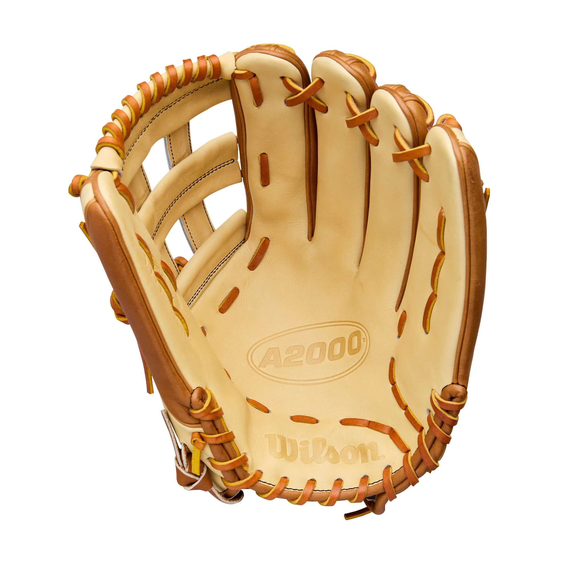 Palm view of 2026 Wilson A2000 Classic Series 1777 12.75" Blonde/Saddle Tan baseball glove, featuring tan laces and open H-web design.