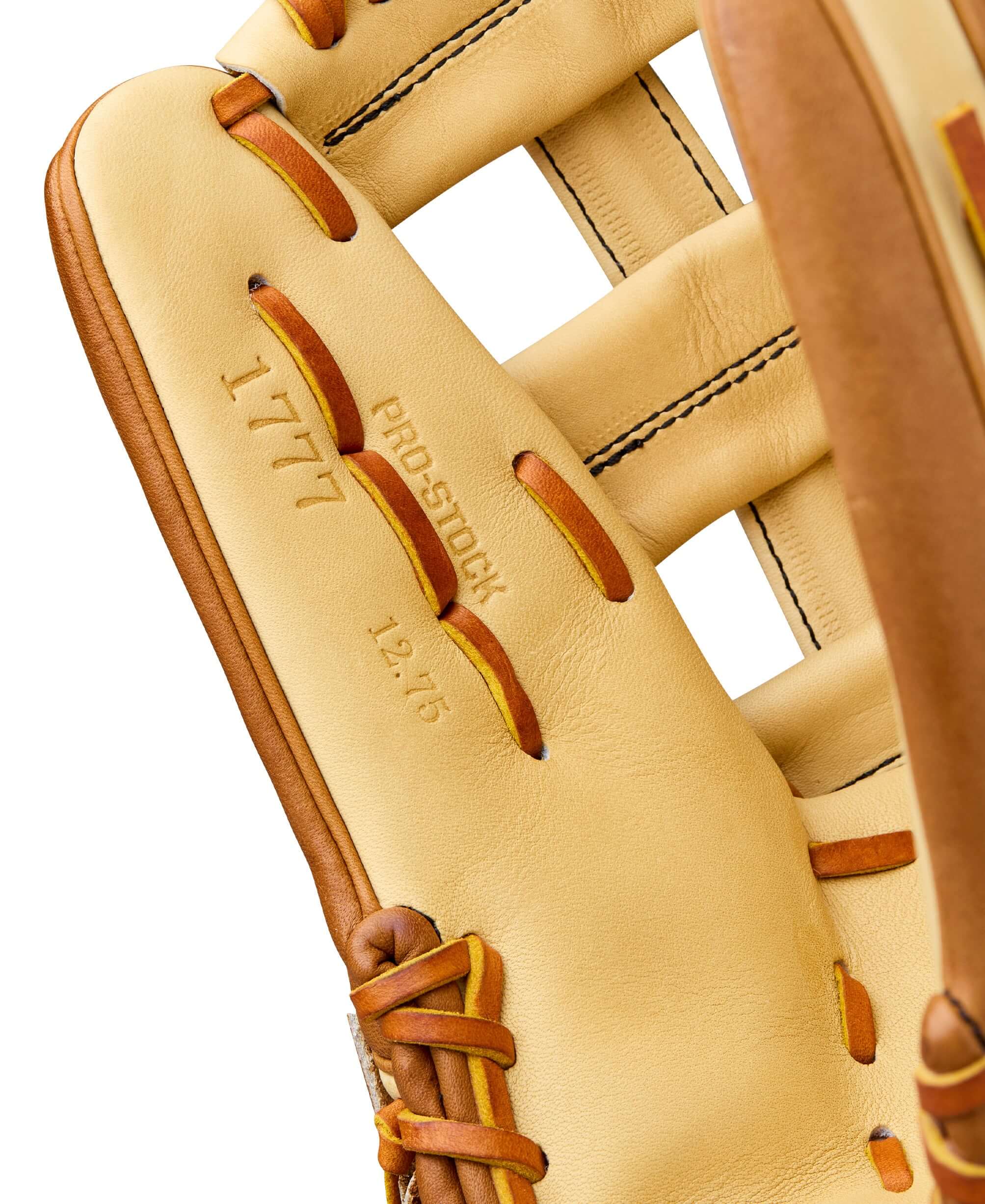 2026 Wilson A2000 Classic Series 1777 12.75" Blonde/Saddle Tan close-up of palm with Pro Stock stamping and lacing.