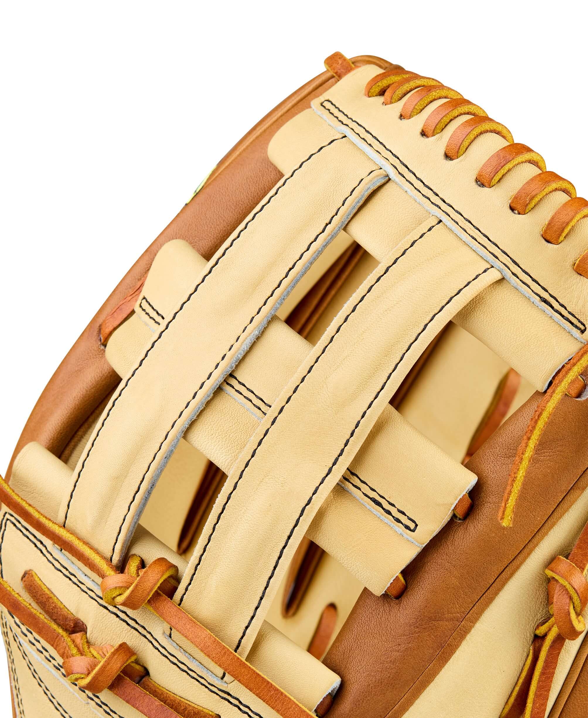 2026 Wilson A2000 Classic Series 1777 12.75" Blonde/Saddle Tan LHT web detail showing dual lacing and stitching craftsmanship