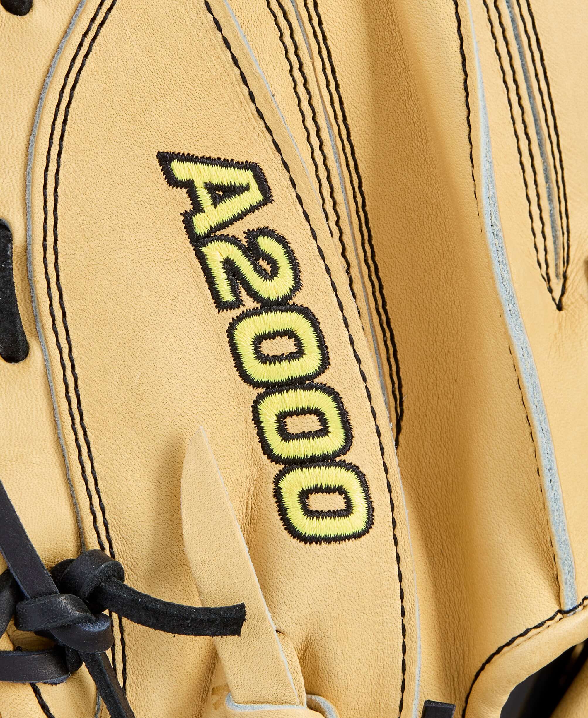 Close-up of A2000 logo on Wilson 2026 A2000 Classic 1734 34" Catcher's Mitt wrist strap.