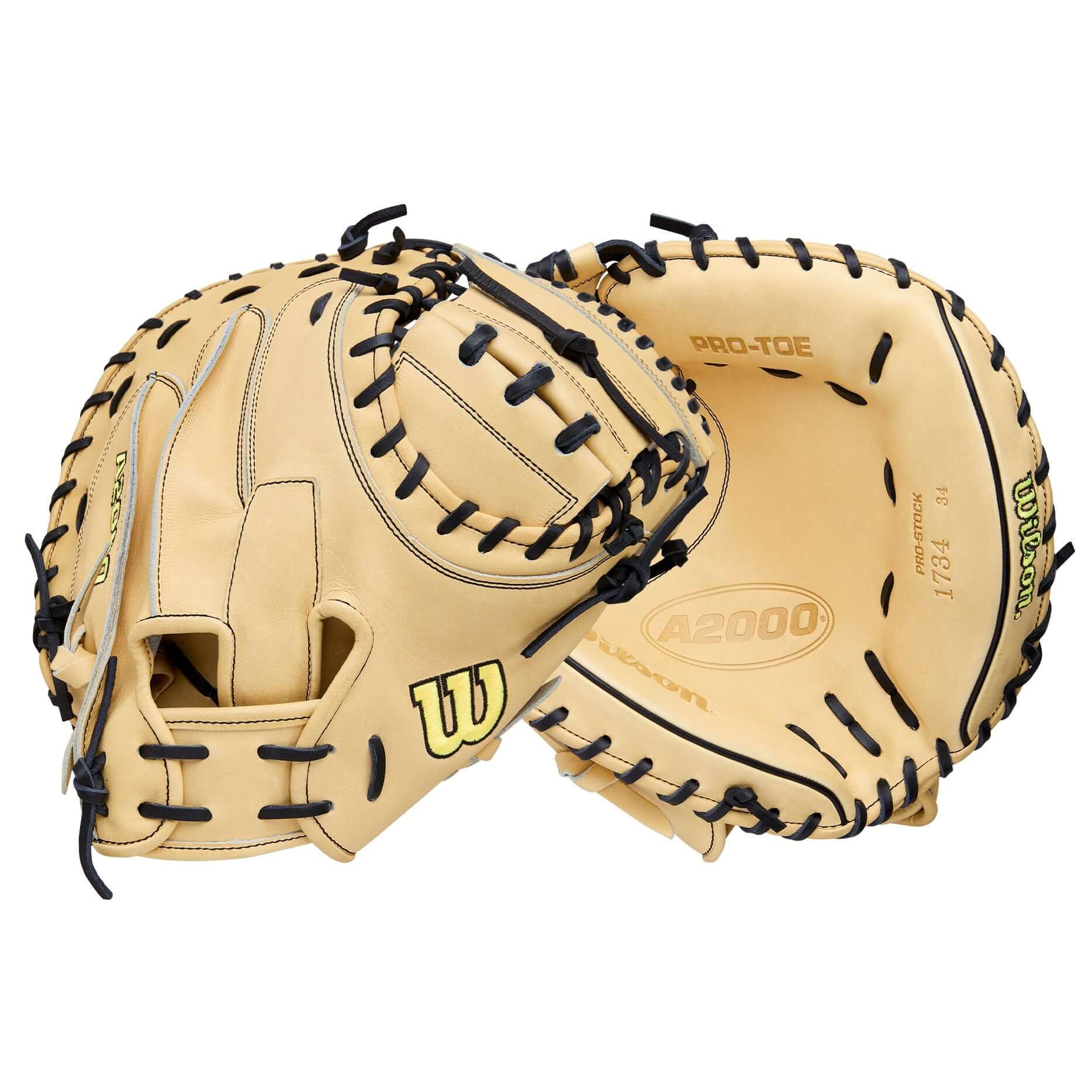 Wilson 2026 A2000 Classic 1734 34" Catcher's Mitt front and back showing Blonde Pro Stock® Leather and Black laces.