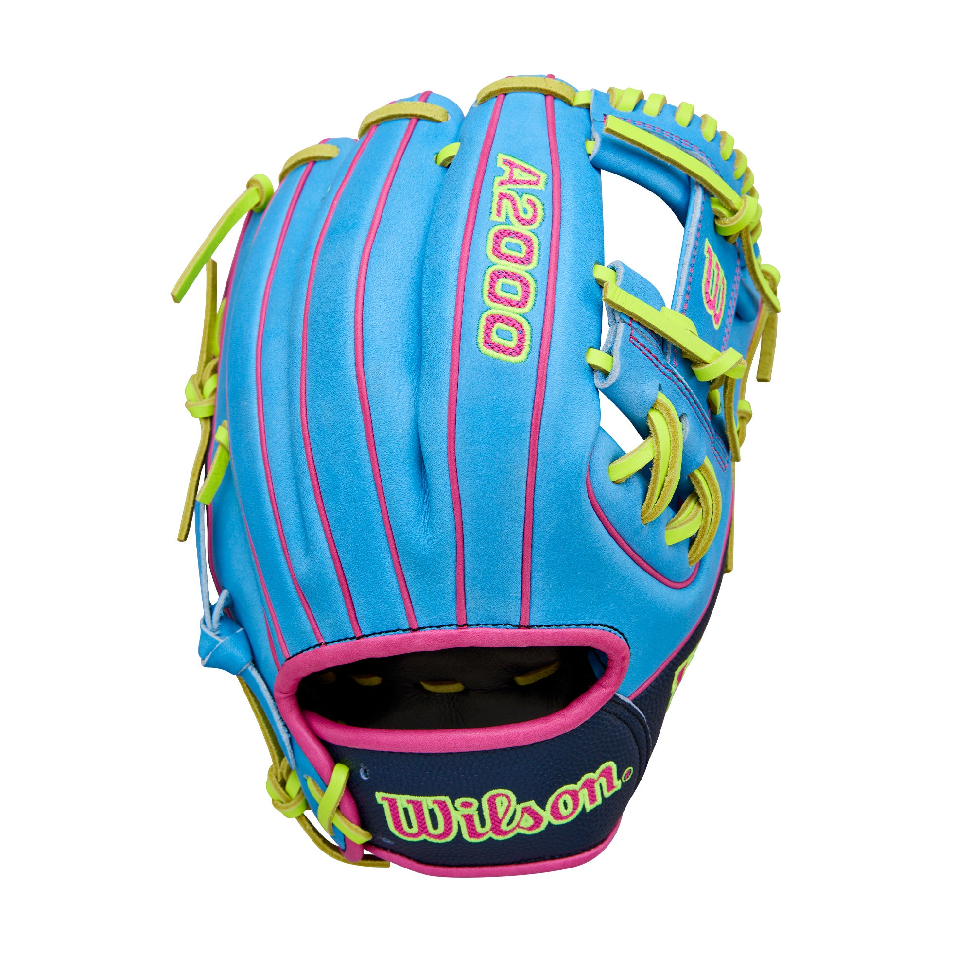 Wilson Spring 2026 A2000 1786 11.5” Infield Baseball Glove front view with blue and neon colors.