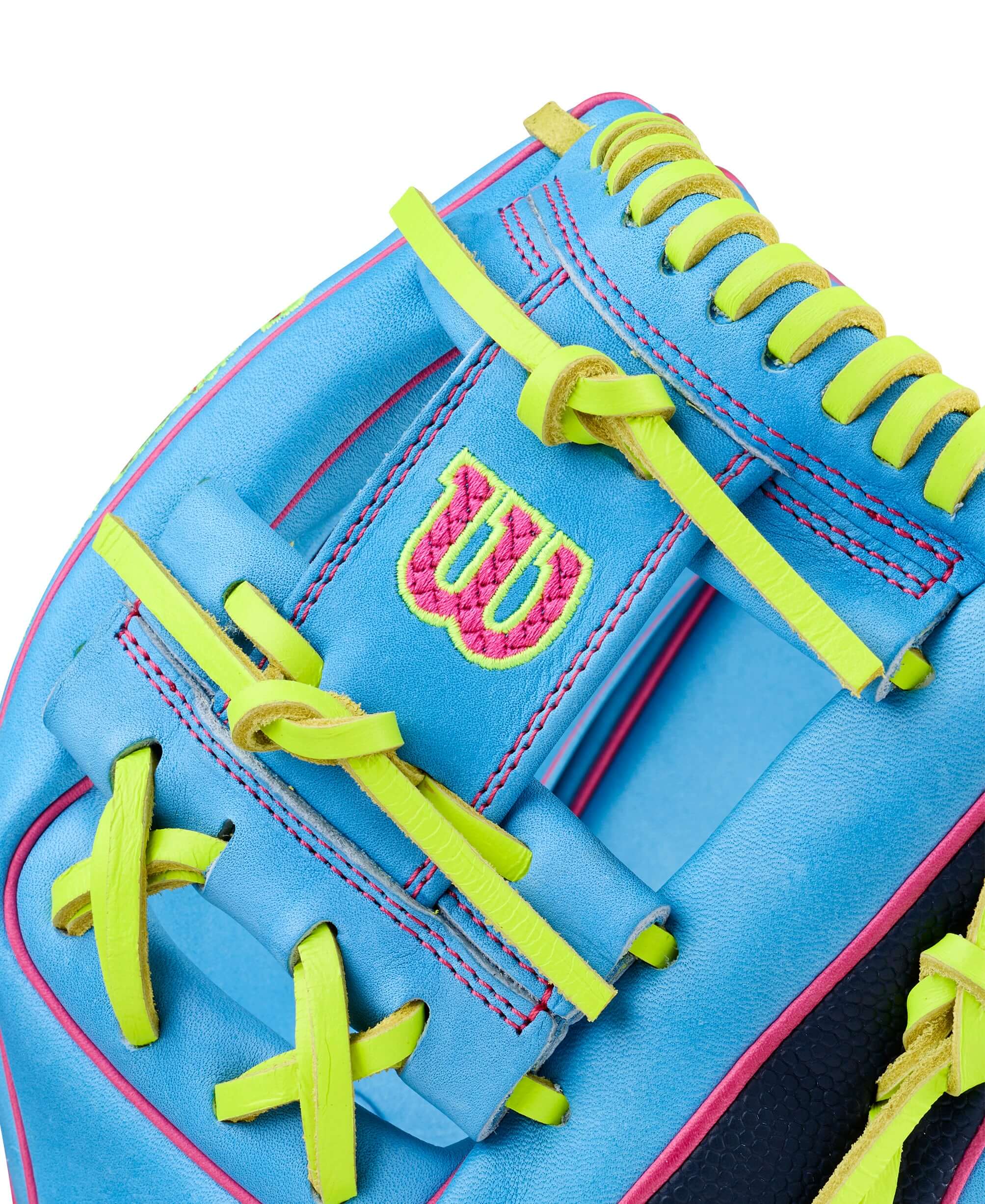 Close-up of Wilson Spring 2026 A2000 1786 11.5” Infield Baseball Glove, H-Web design, blue leather with yellow lacing and pink stitching.
