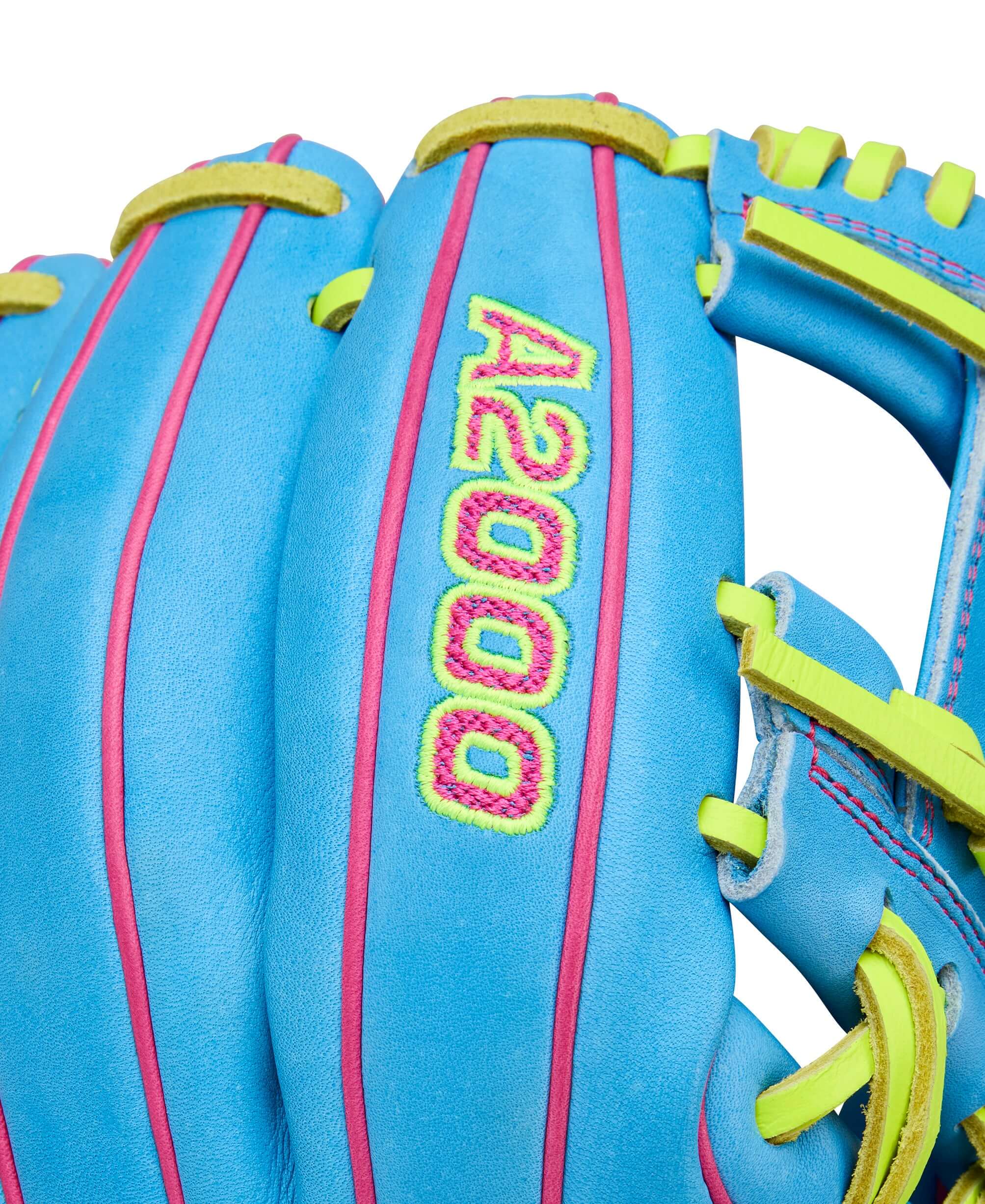 Wilson Spring 2026 A2000 1786 11.5” Infield Baseball Glove backhand view with turquoise color and yellow lacing.