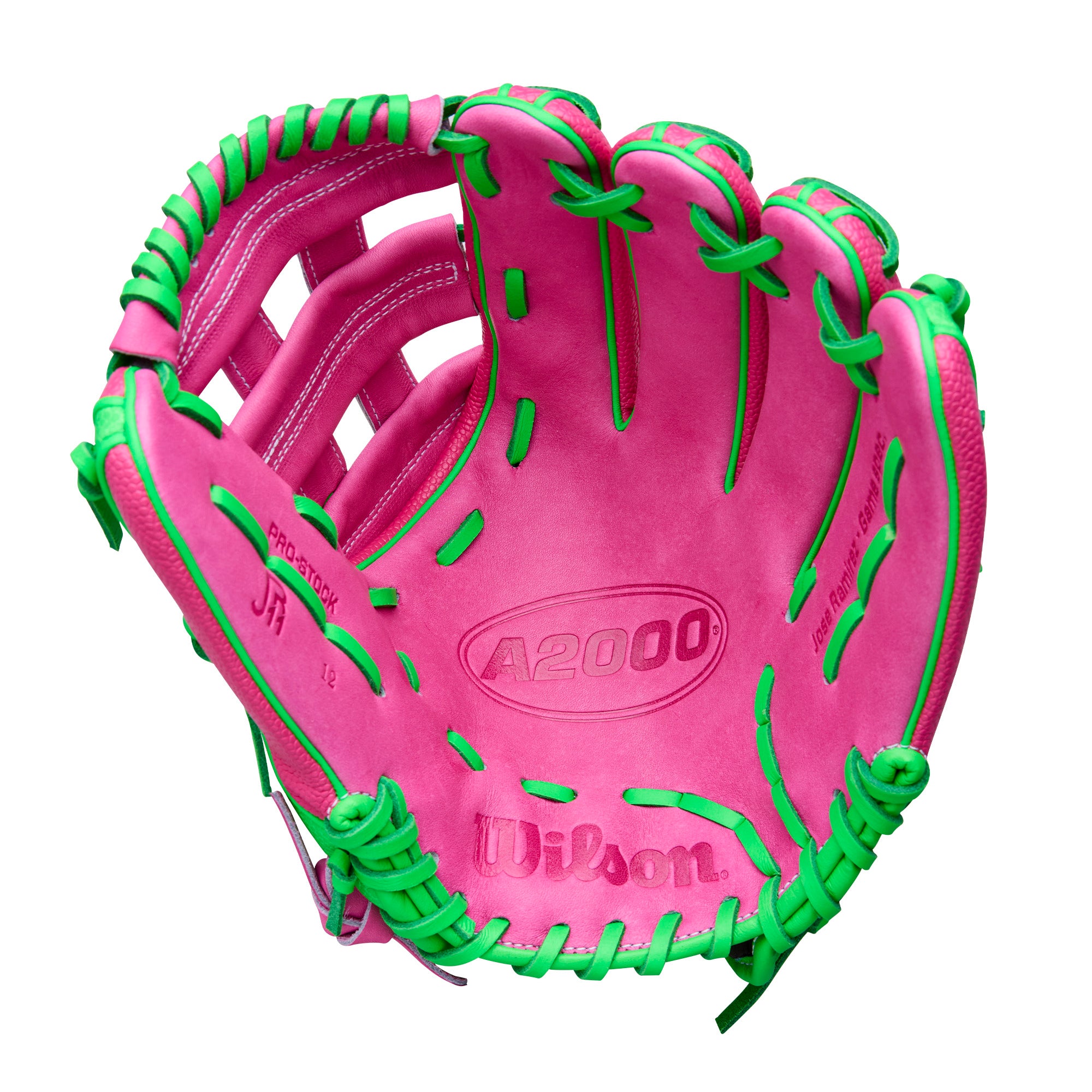 Wilson Spring 2026 José Ramírez A2000 JR11 GM 12” Infield Baseball Glove in vibrant pink and green design.