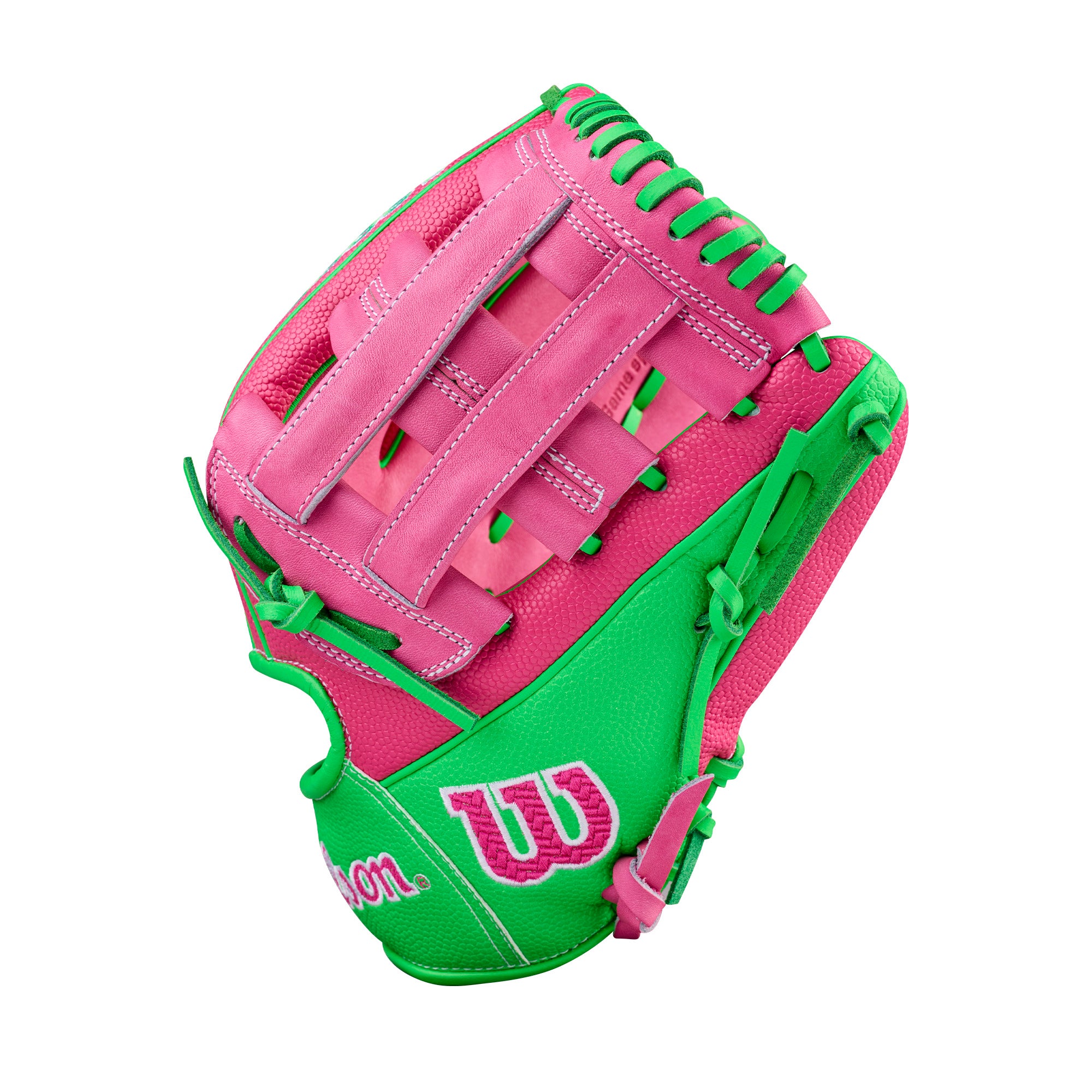 Colorful Wilson Spring 2026 José Ramírez A2000 JR11 GM 12” Infield Baseball Glove with pink and green design