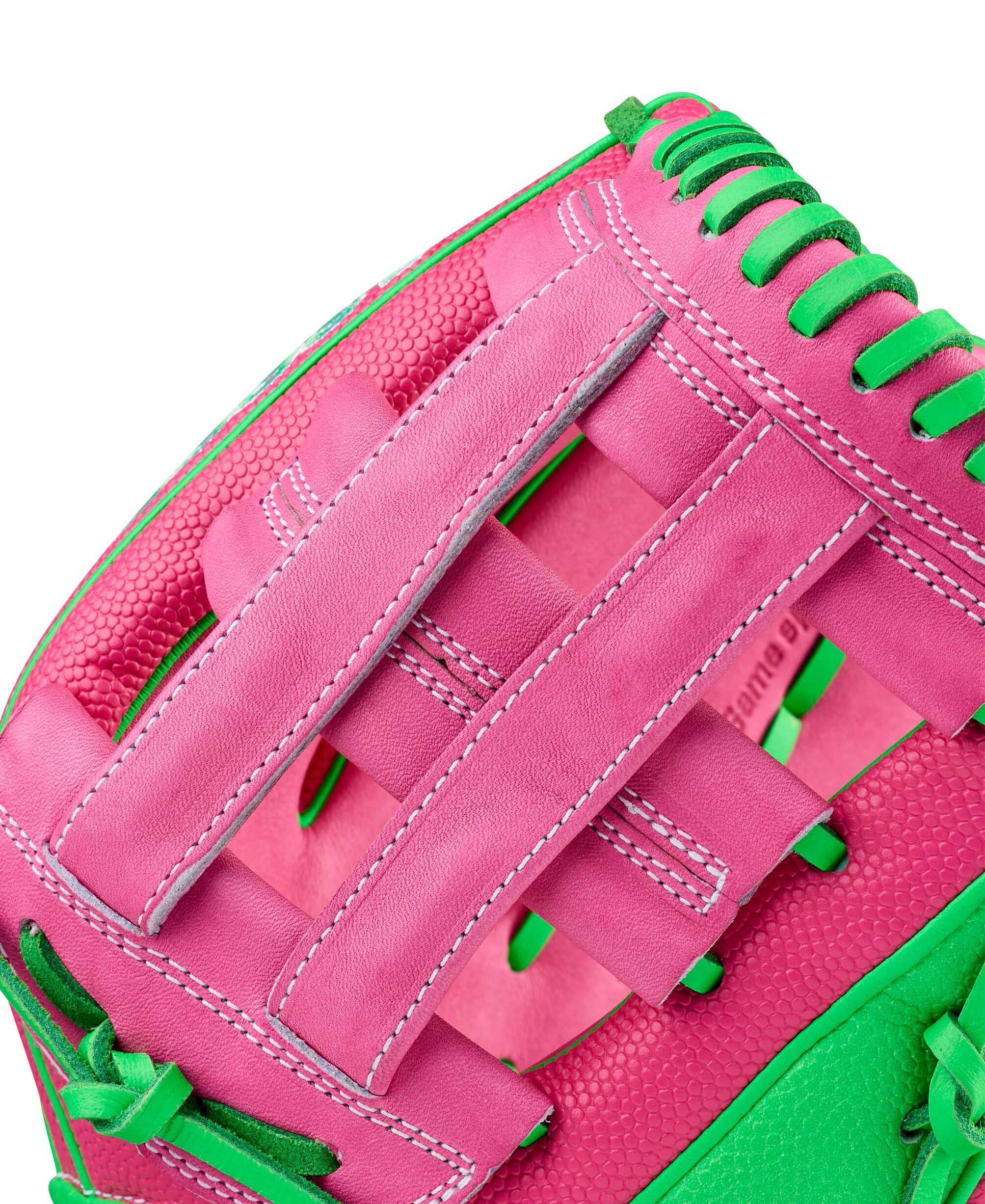 Wilson Spring 2026 José Ramírez A2000 JR11 GM 12” Infield Baseball Glove web detail, pink and green lacing.