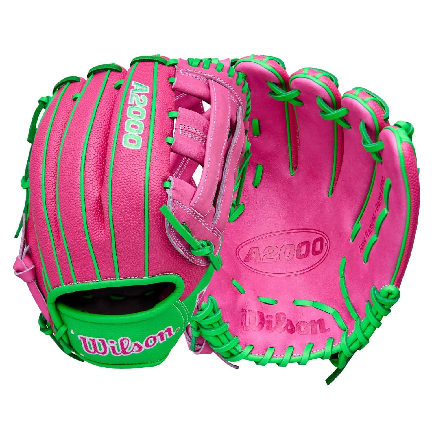 Wilson Spring 2026 José Ramírez A2000 JR11 GM 12” Infield Baseball Glove in pink and green, front and back view.