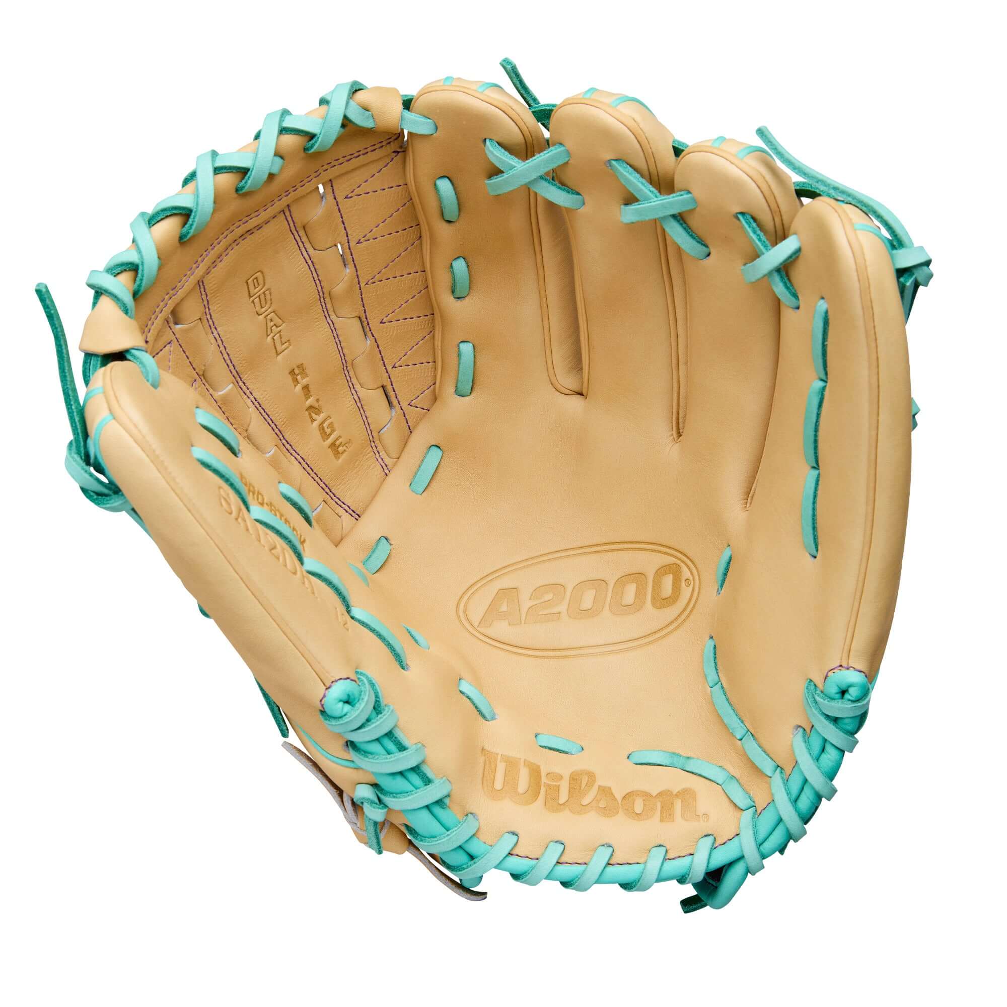 Palm view of Wilson Spring 2026 A2000 DH12 12” Pitcher’s Baseball Glove with tan leather and teal lacing.