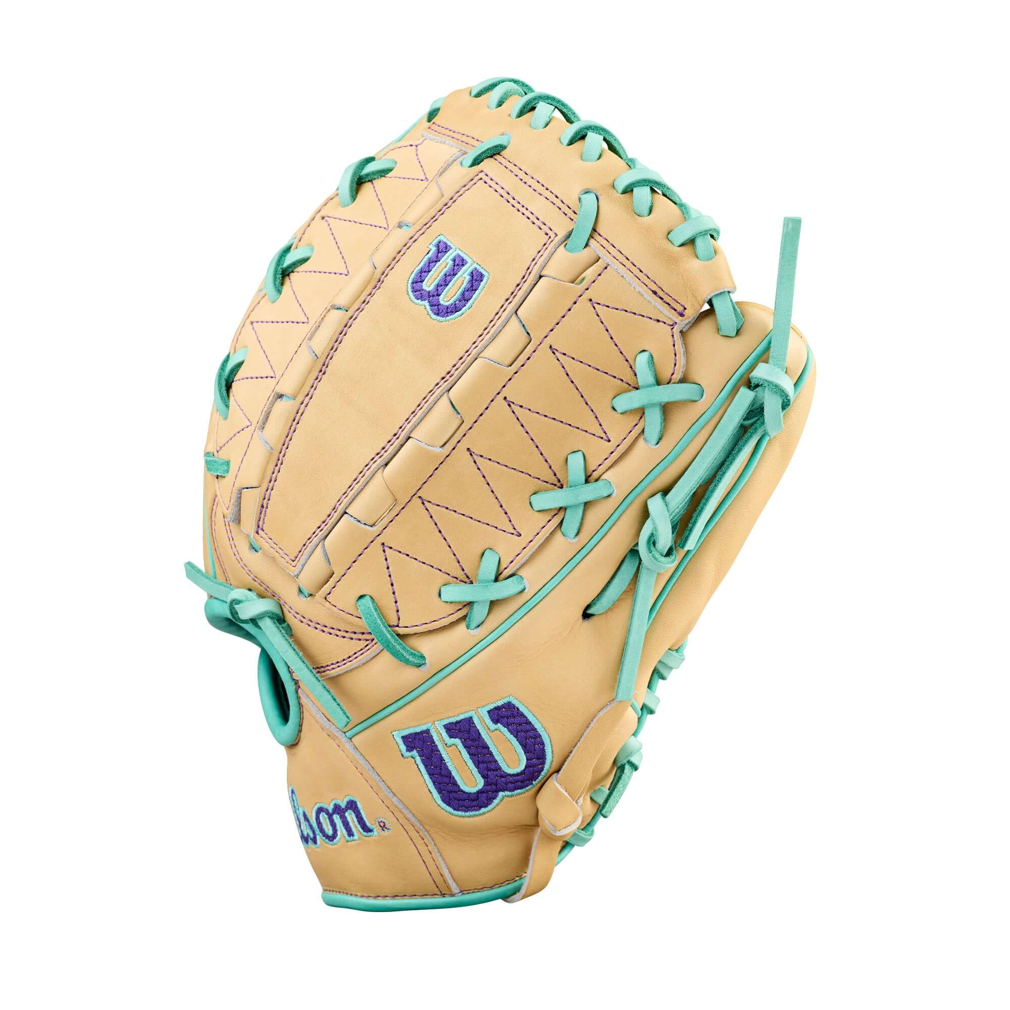 Backhand view of Wilson Spring 2026 A2000 DH12 12” Pitcher’s Baseball Glove in tan with teal lacing and purple stitching.