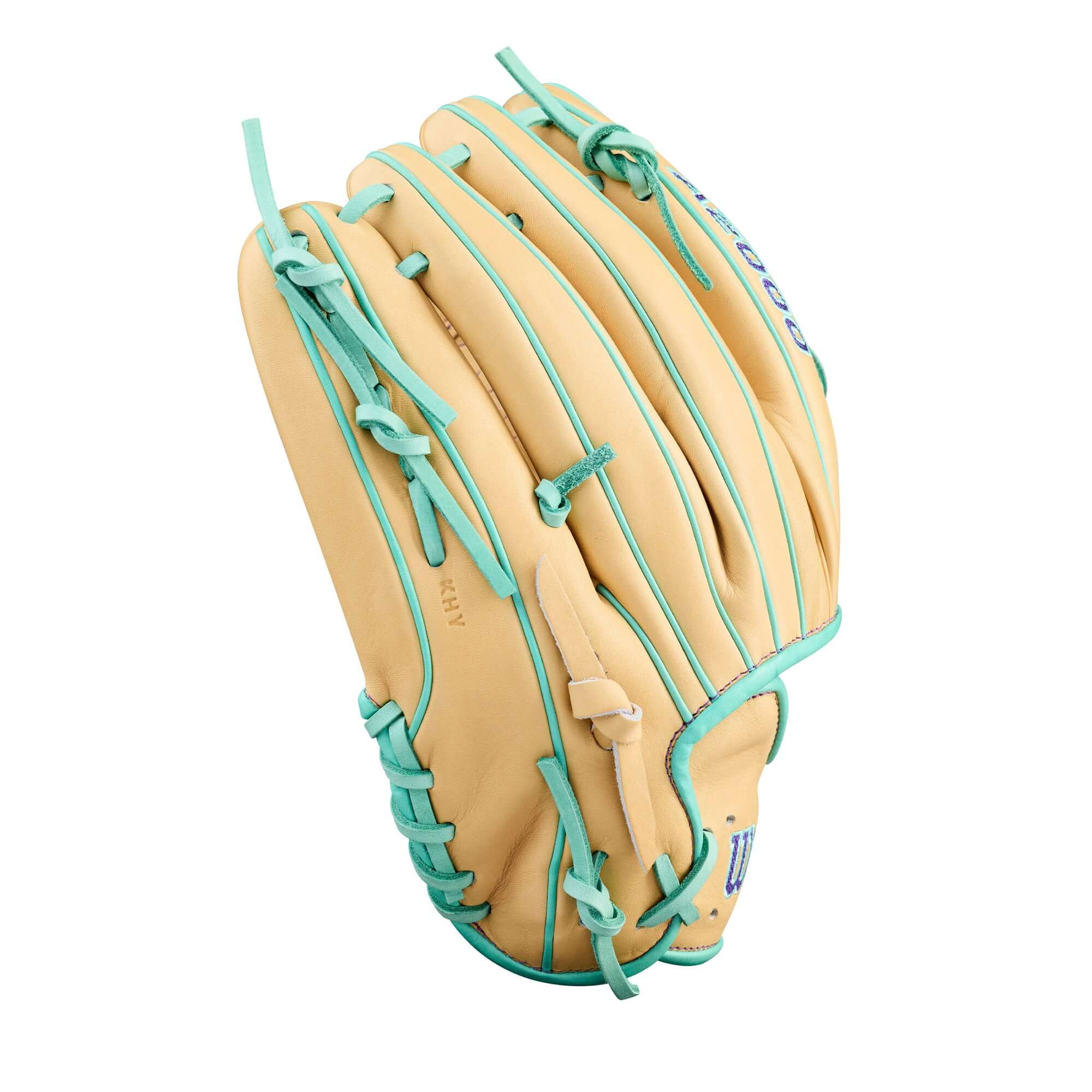 Wilson Spring 2026 A2000 DH12 12” Pitcher’s Baseball Glove backhand view with turquoise lacing and tan leather.
