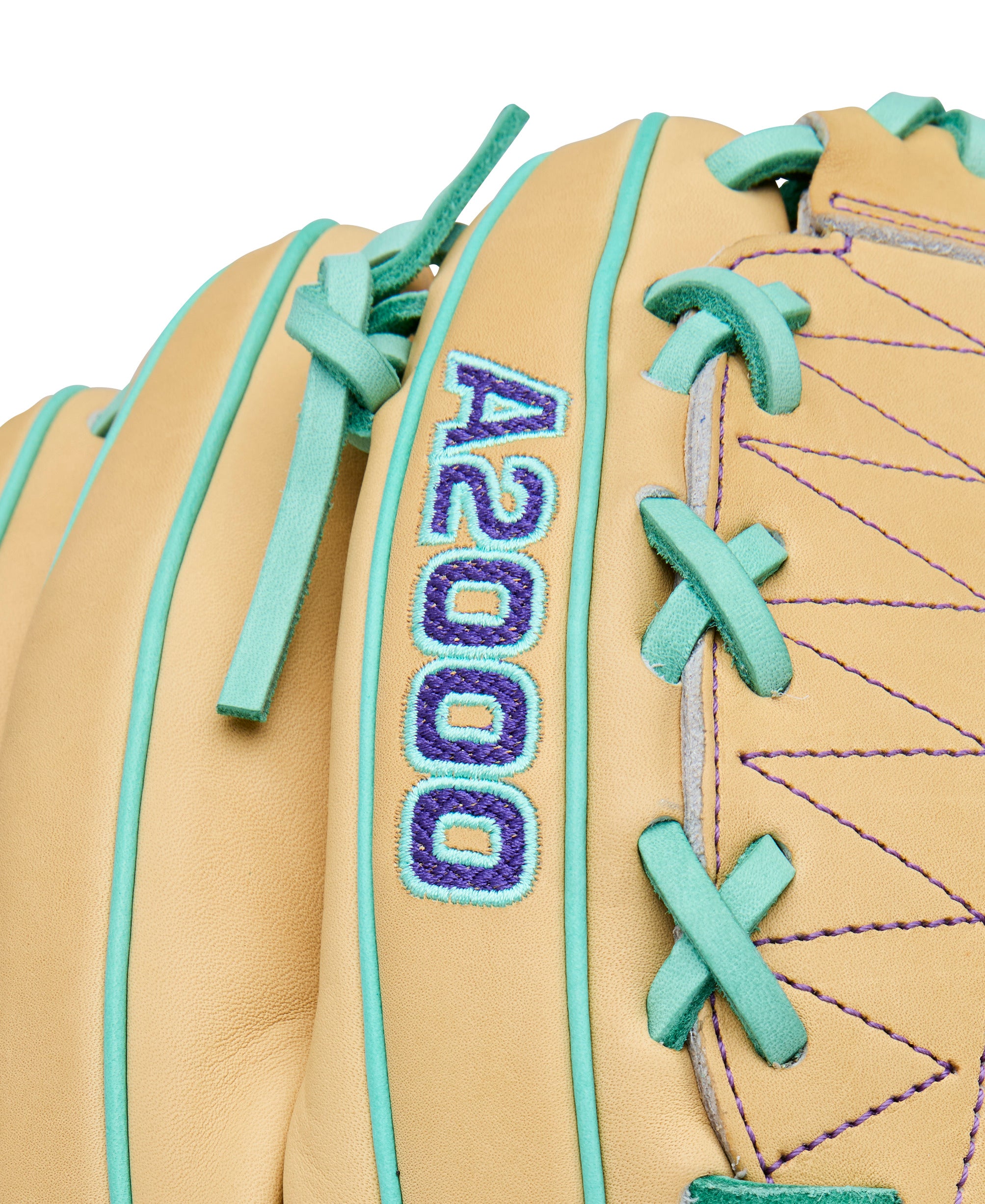 Close-up of a Wilson Spring 2026 A2000 DH12 12” Pitcher’s Baseball Glove showing stitching and embossed logo.