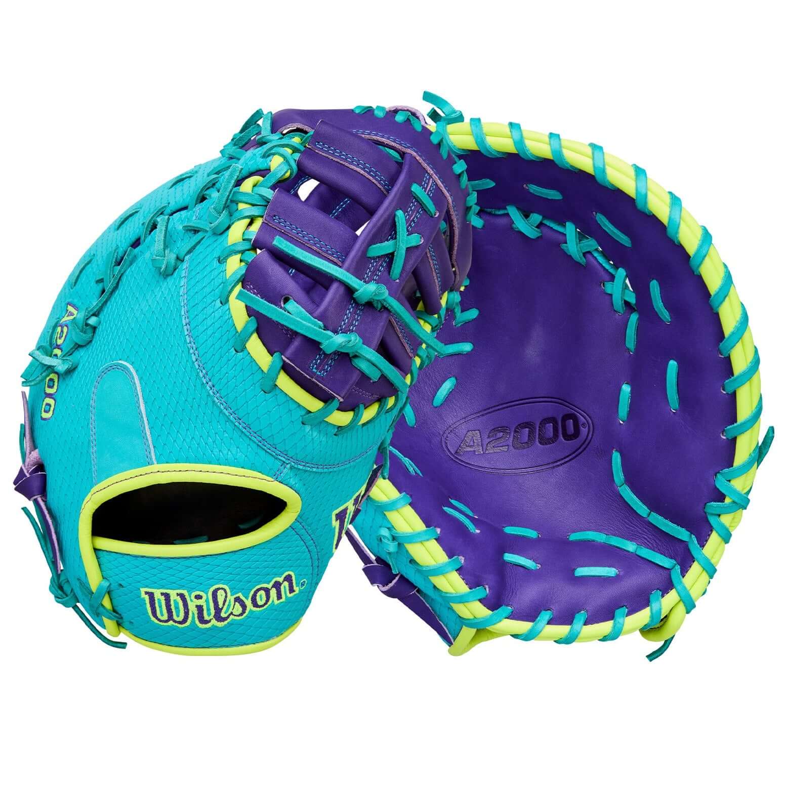 Wilson Spring 2026 A2000 1612SS 12” Baseball First Base Mitt in teal and purple color scheme for first basemen.
