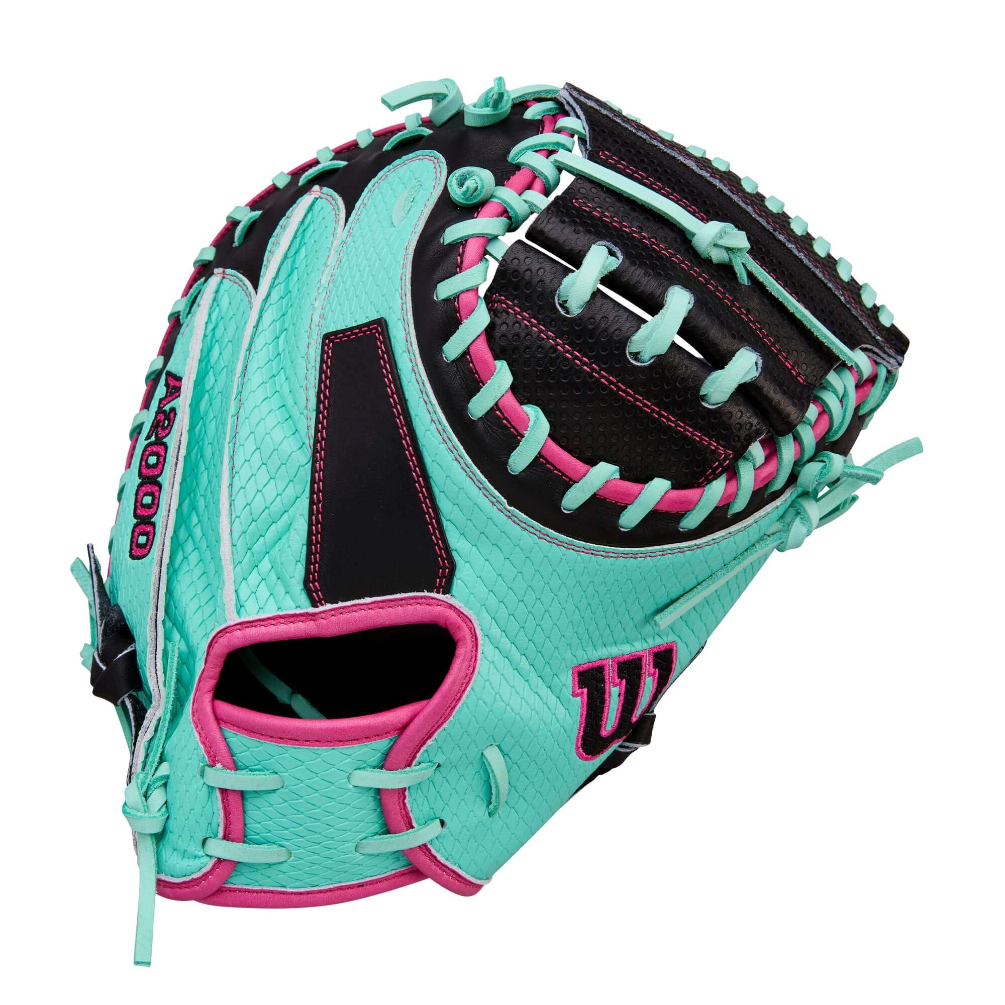 Wilson Spring 2026 A2000 SCM23SS 33.5” Baseball Catcher’s Mitt in teal and black design with pink accents.