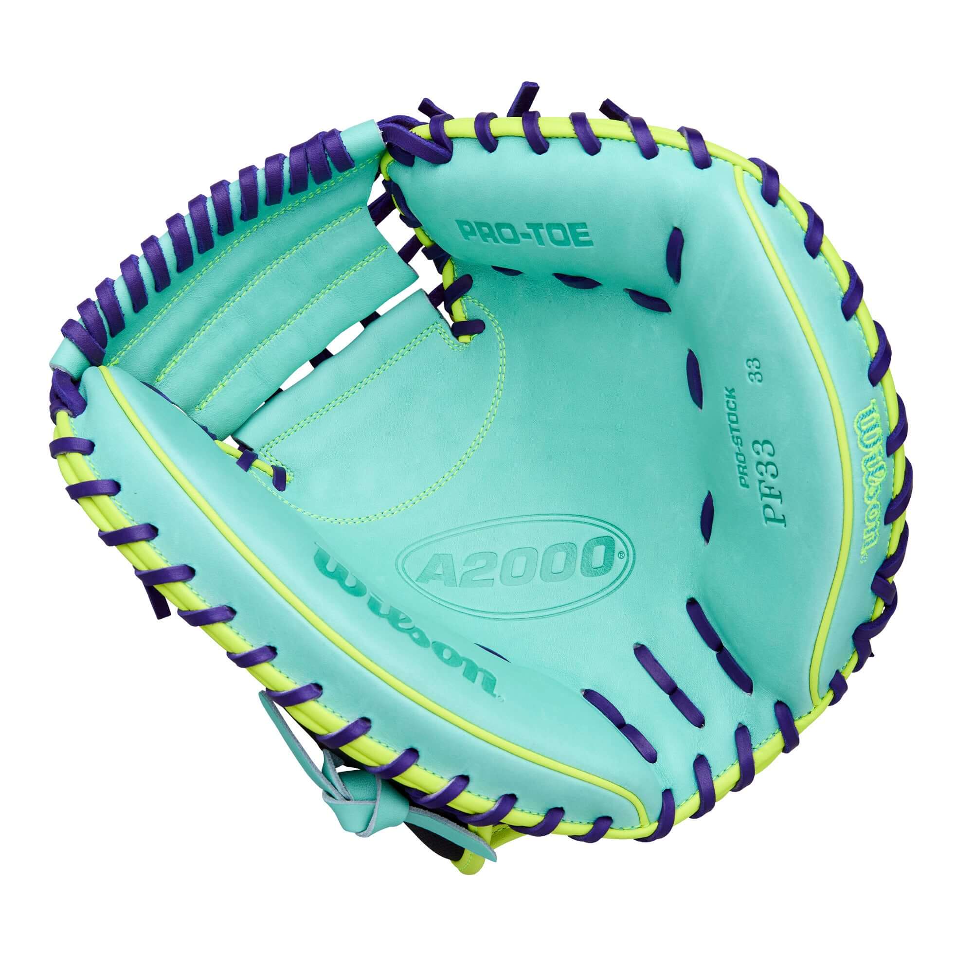 Palm view of Wilson Spring 2026 A2000 PF33SS 33” Baseball Catcher’s Mitt, showcasing teal color and purple lacing with Pro-Tec label.