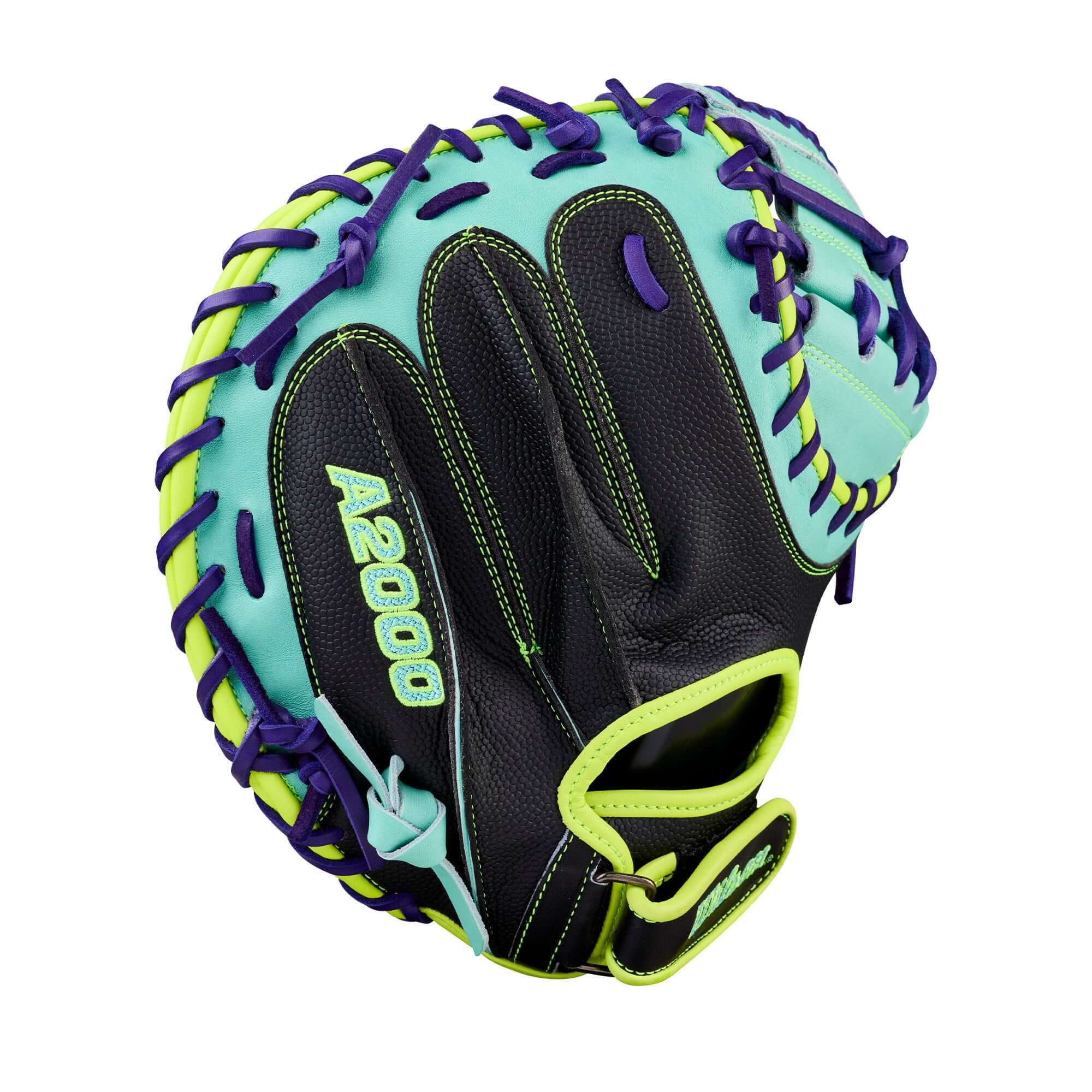 Backhand view of Wilson Spring 2026 A2000 PF33SS 33” Baseball Catcher’s Mitt, black and teal with yellow lacing.