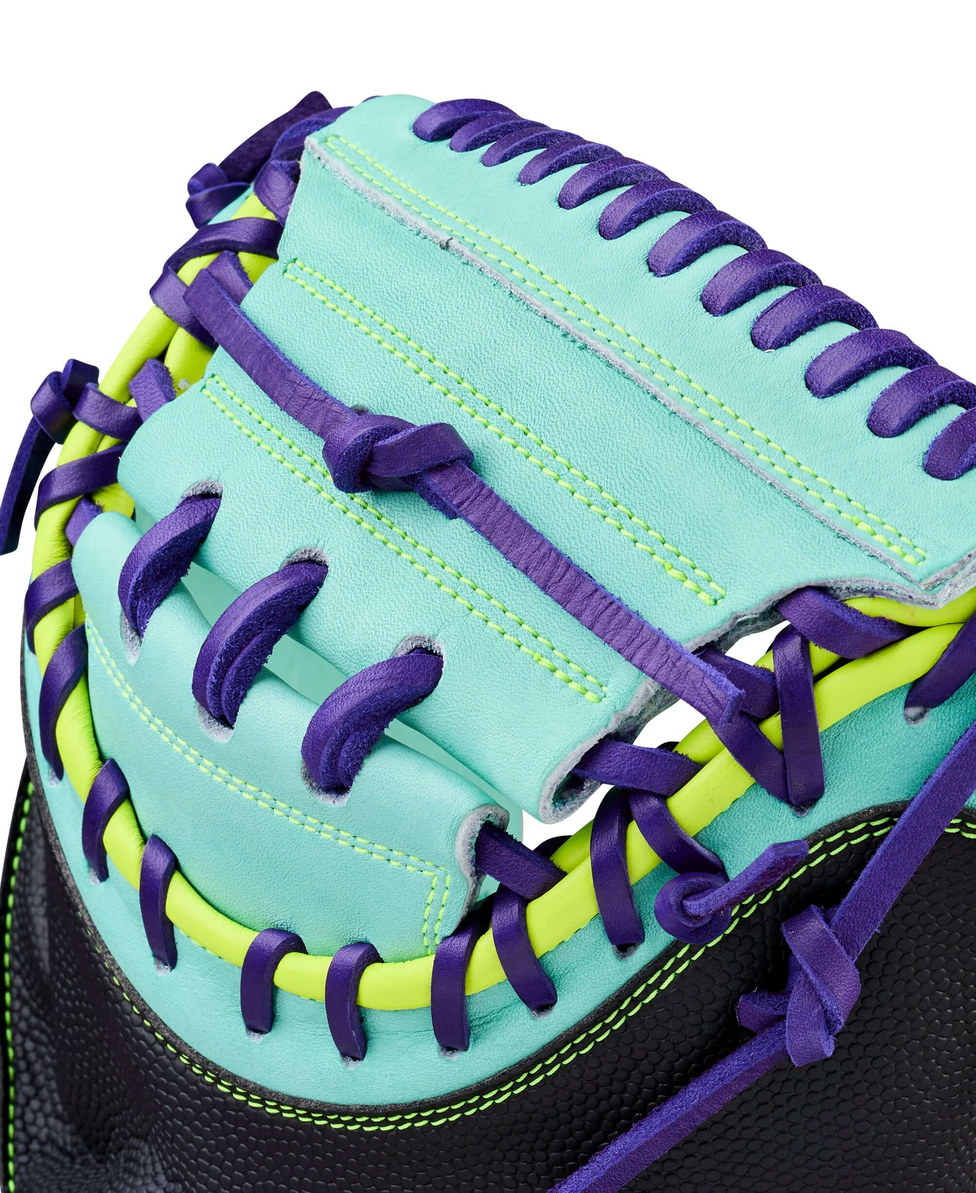 Web detail of Wilson Spring 2026 A2000 PF33SS 33” Baseball Catcher’s Mitt with turquoise and purple lacing