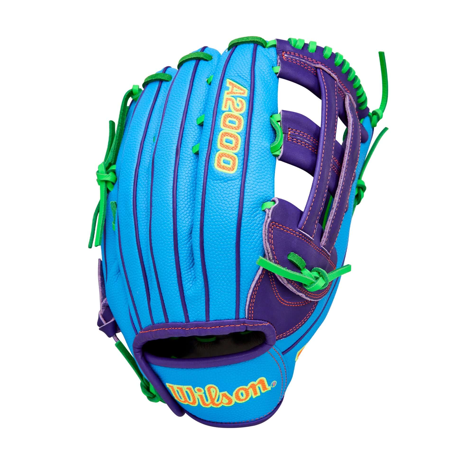 WilsonSpring 2026 A2000® PF50SS 12.25” Outfield Baseball Glove backhand view, blue and purple leather with green lacing