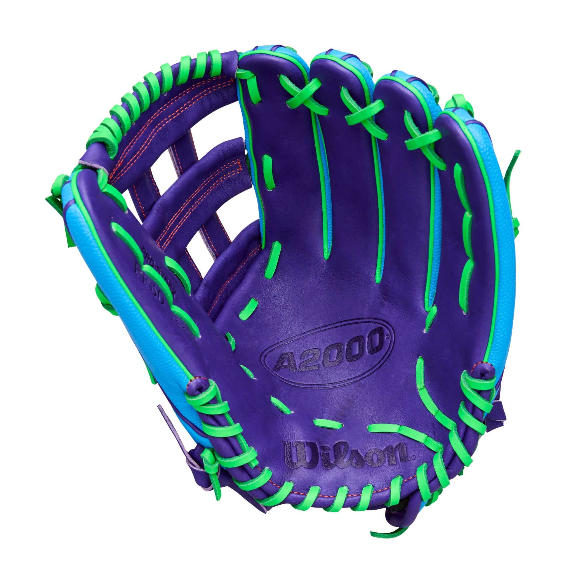 WilsonSpring 2026 A2000 PF50SS 12.25” Outfield Baseball Glove, palm view, purple and green leather, visible stitching and lacing