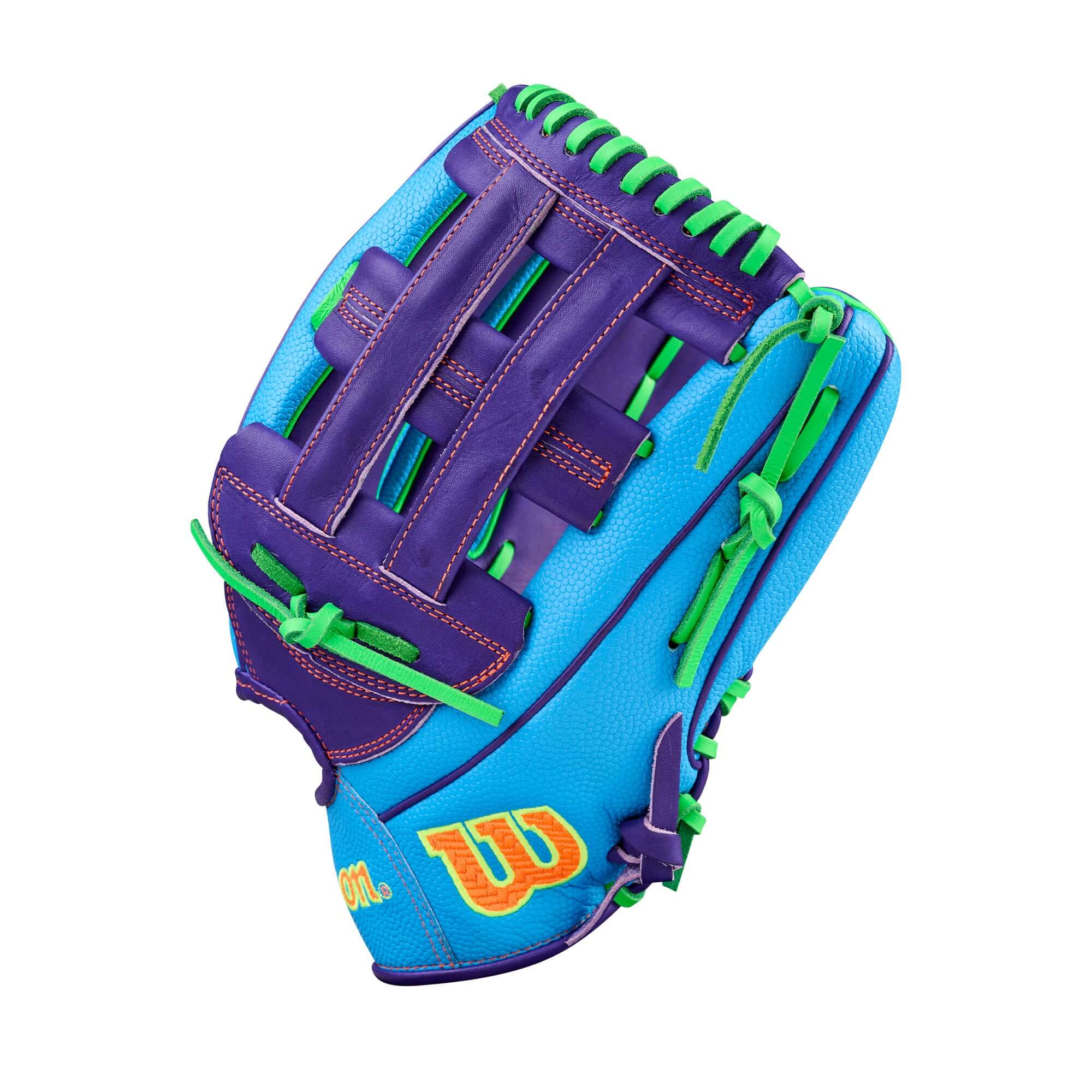 WilsonSpring 2026 A2000® PF50SS 12.25” Outfield Baseball Glove backhand view, blue and purple, H-web, green lacing, orange logo.