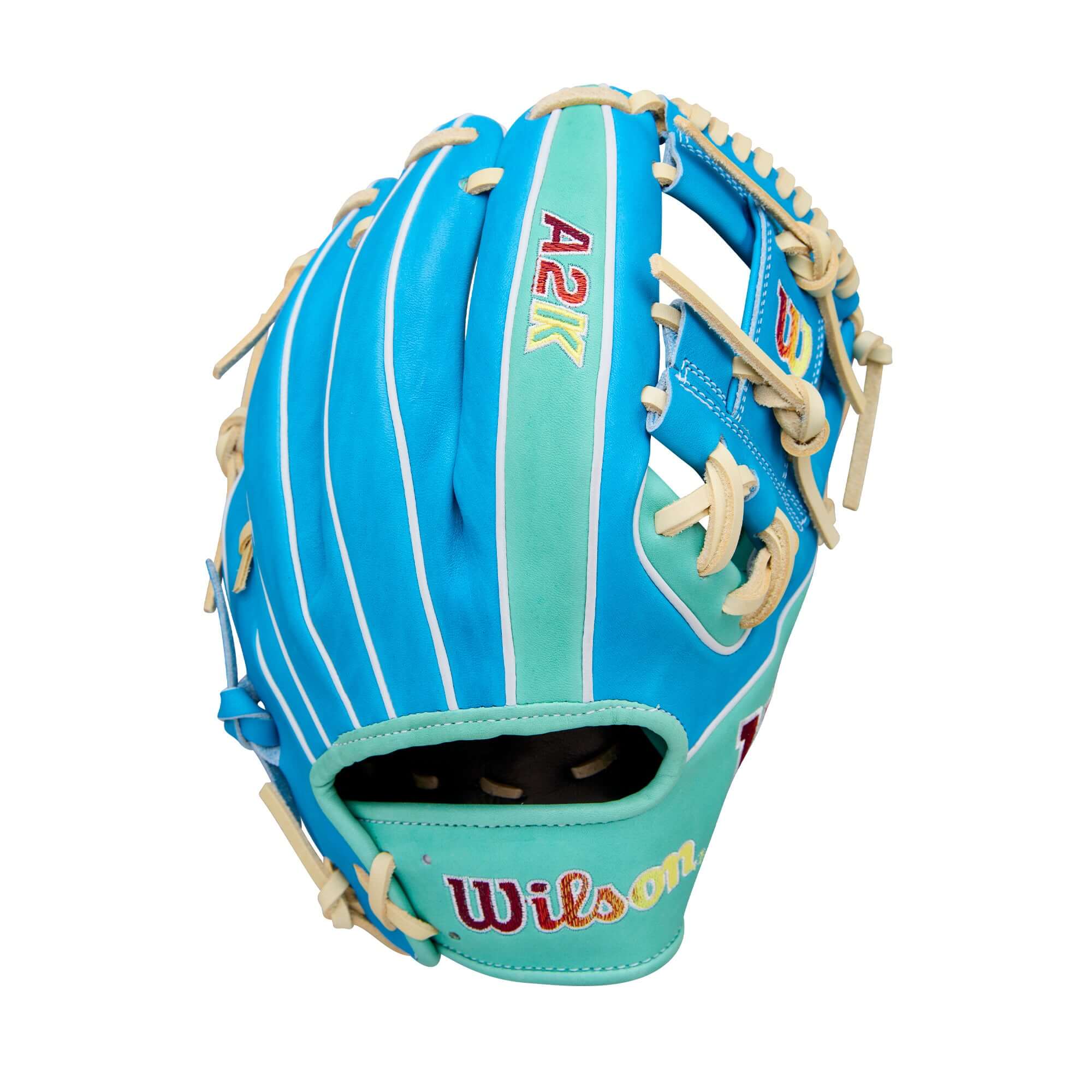 Backhand view of Wilson Spring 2026 A2K 1786 11.5" Infield Baseball Glove in blue with H-Web and tan laces.