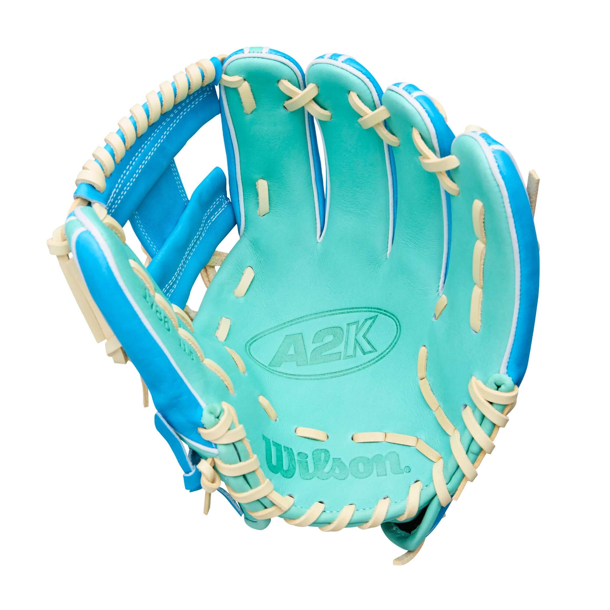 Palm view of Wilson Spring 2026 A2K 1786 11.5" Infield Baseball Glove, aqua and cream with H-Web.