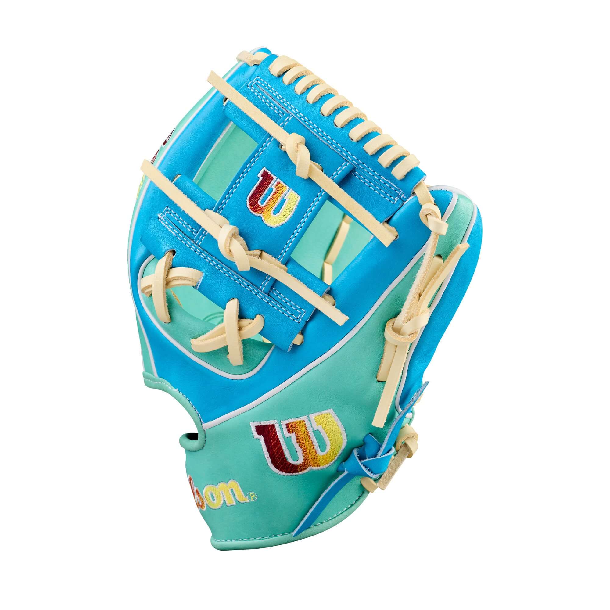 Wilson Spring 2026 A2K 1786 11.5" Infield Baseball Glove backhand view with H-Web in teal and tan colors