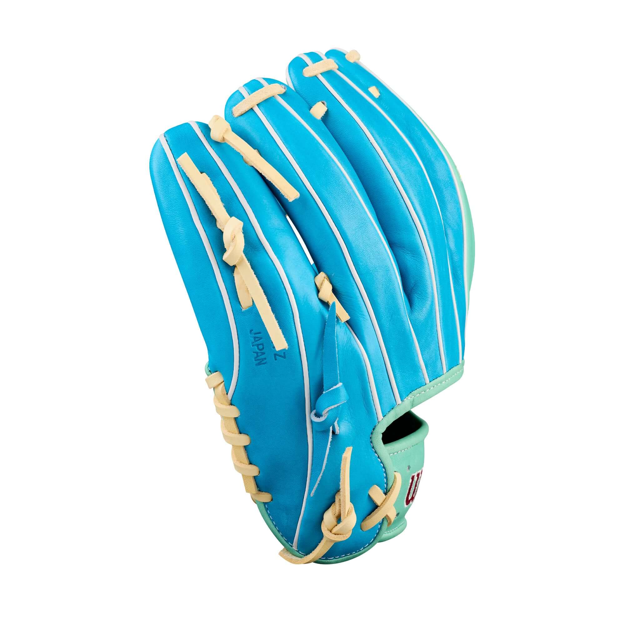 Backhand view of Wilson Spring 2026 A2K 1786 11.5" Infield Baseball Glove in turquoise with beige lacing and H-Web.