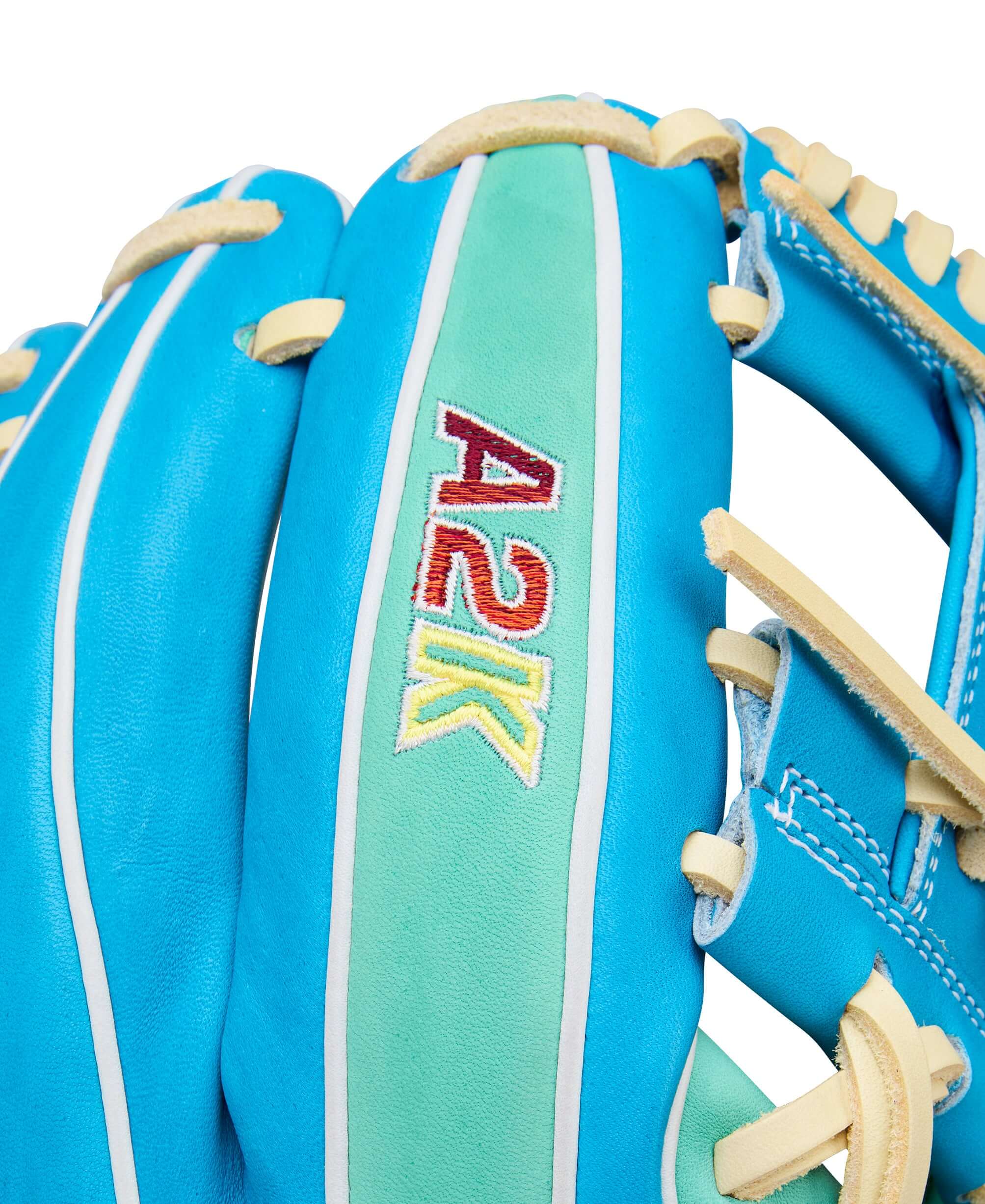 Web detail of Wilson Spring 2026 A2K 1786 11.5" Infield Baseball Glove showcasing turquoise design with A2K logo and H-Web lacing.