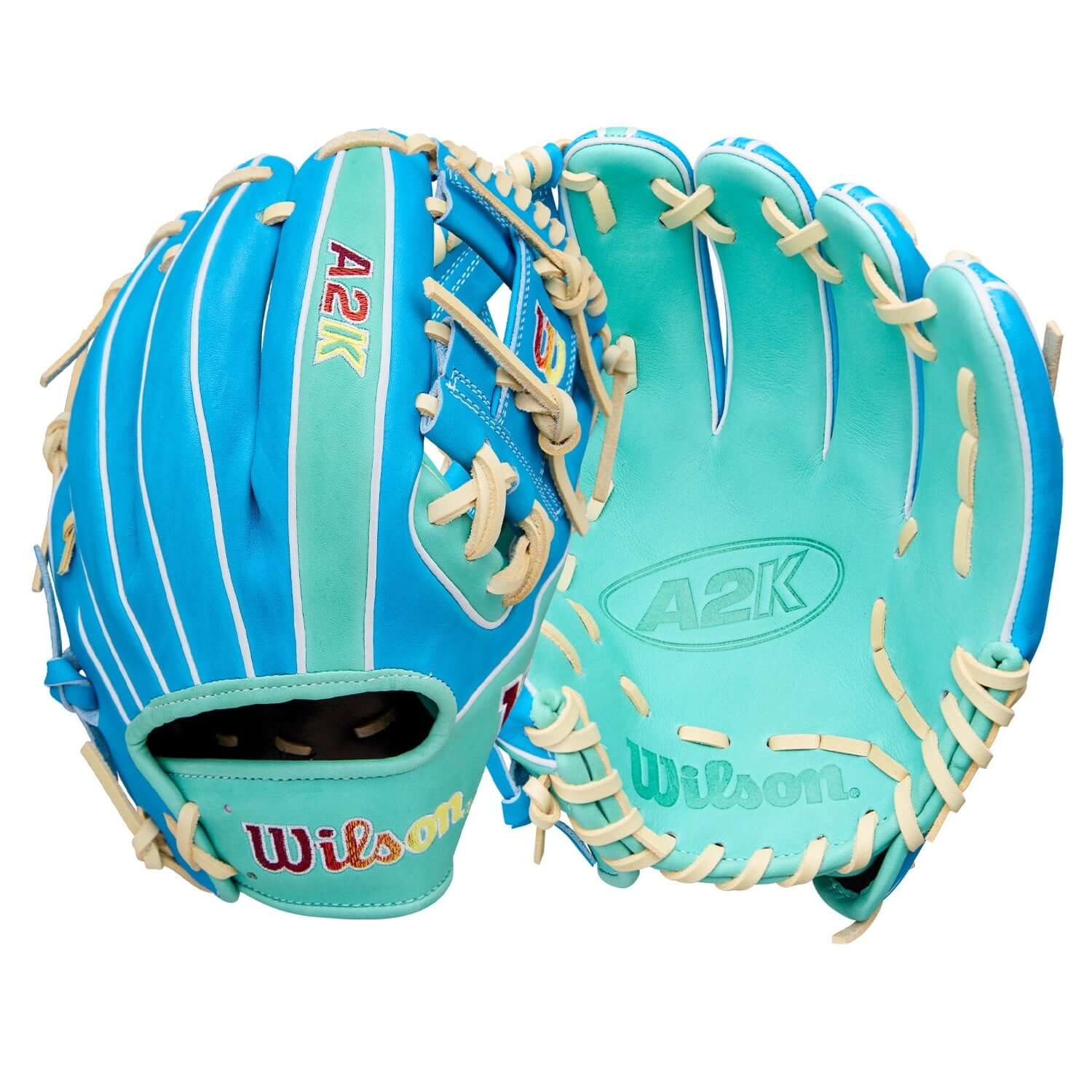 Hero view of Wilson Spring 2026 A2K 1786 11.5" Infield Baseball Glove, blue and teal with H-Web and dual palm-back view.