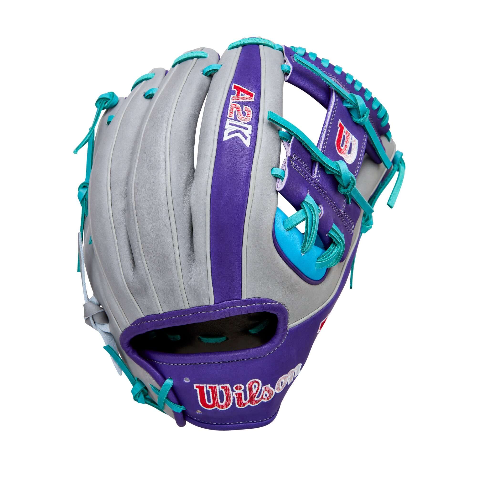 Wilson Spring 2026 A2K MB1975 11.75" Infield Baseball Glove backhand view, gray and purple with turquoise lacing, visible A2K logo