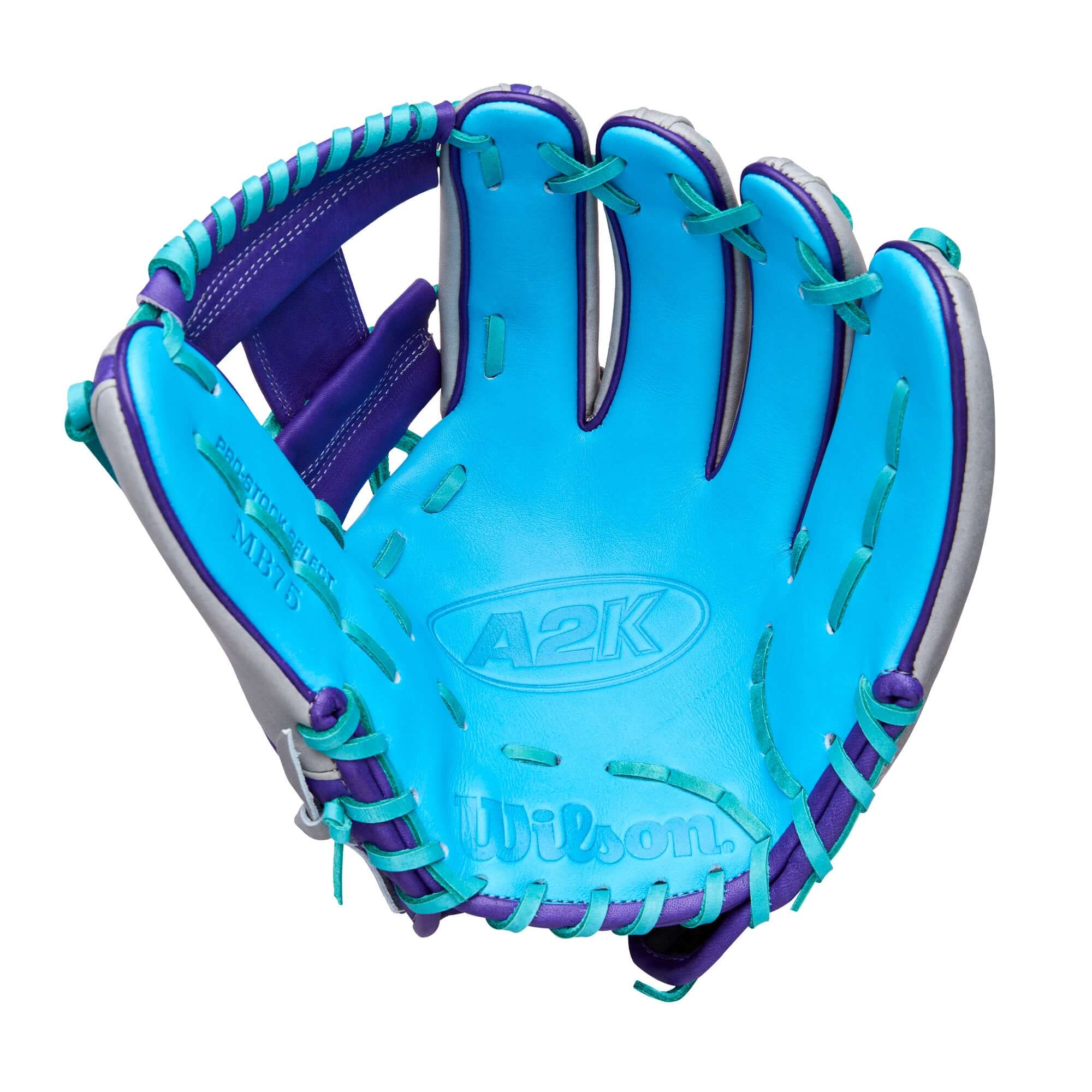Palm view of Wilson Spring 2026 A2K MB1975 11.75" Infield Baseball Glove, blue with turquoise lacing