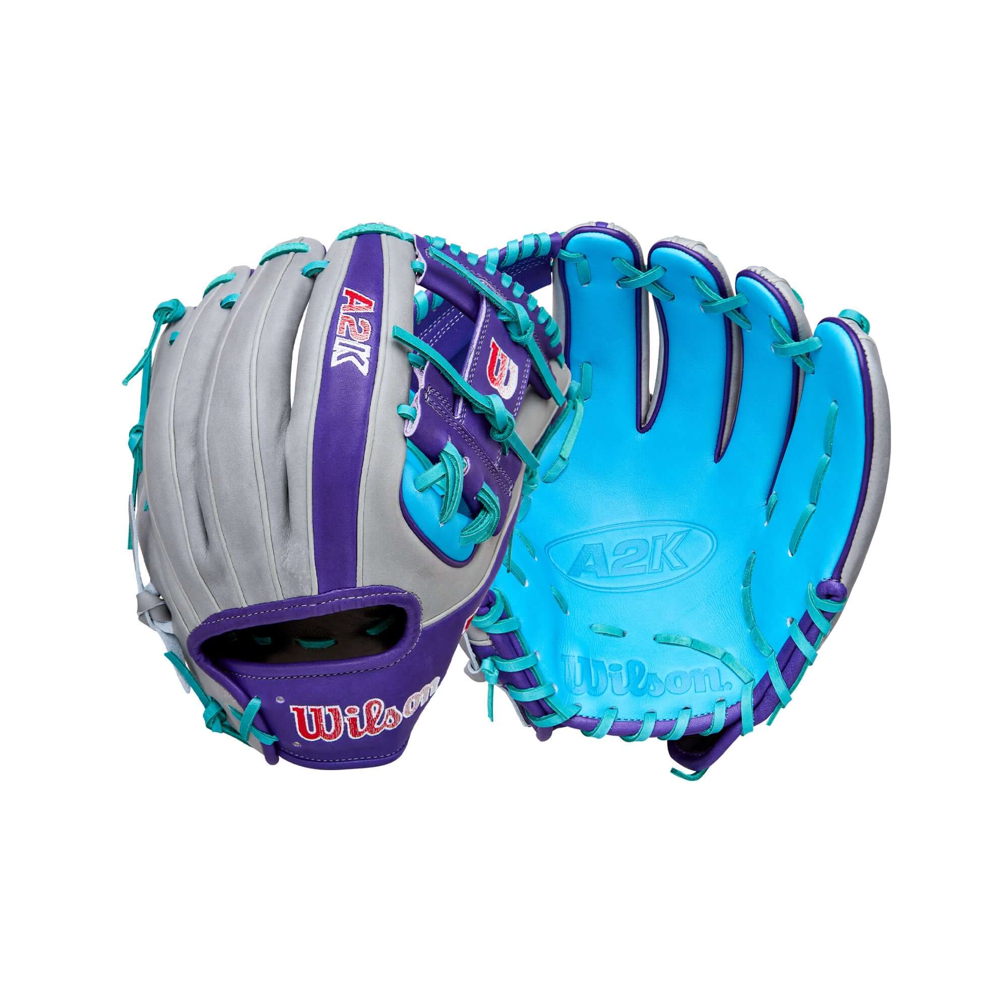 Wilson Spring 2026 A2K MB1975 11.75" Infield Baseball Glove in palm and backhand view, grey and blue with teal lacing.