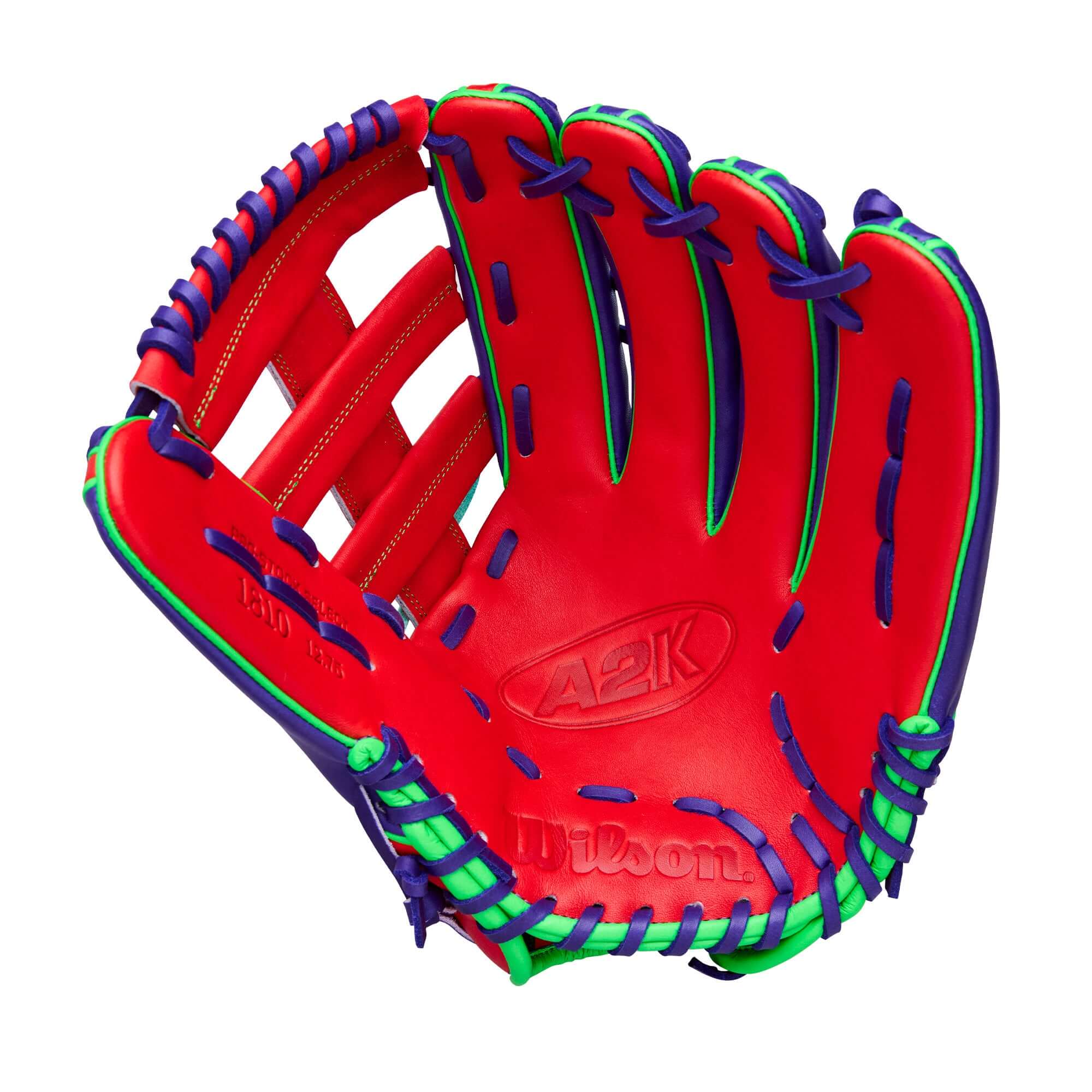 Palm view of Wilson Spring 2026 A2K 1810 12.75" Outfield Baseball Glove Purple/Red with red palm, purple lacing, and green accents.