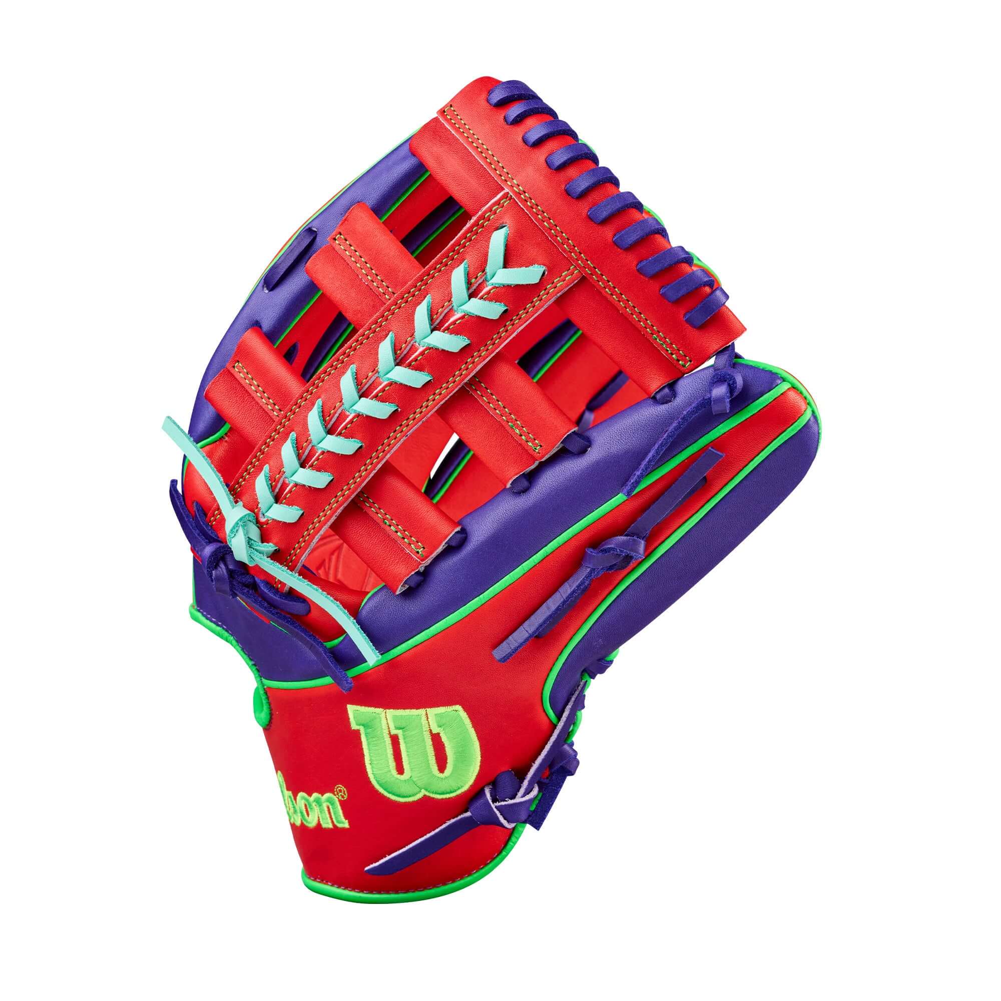 Wilson Spring 2026 A2K 1810 12.75" Outfield Baseball Glove Purple/Red, backhand view, red H-web, neon green laces