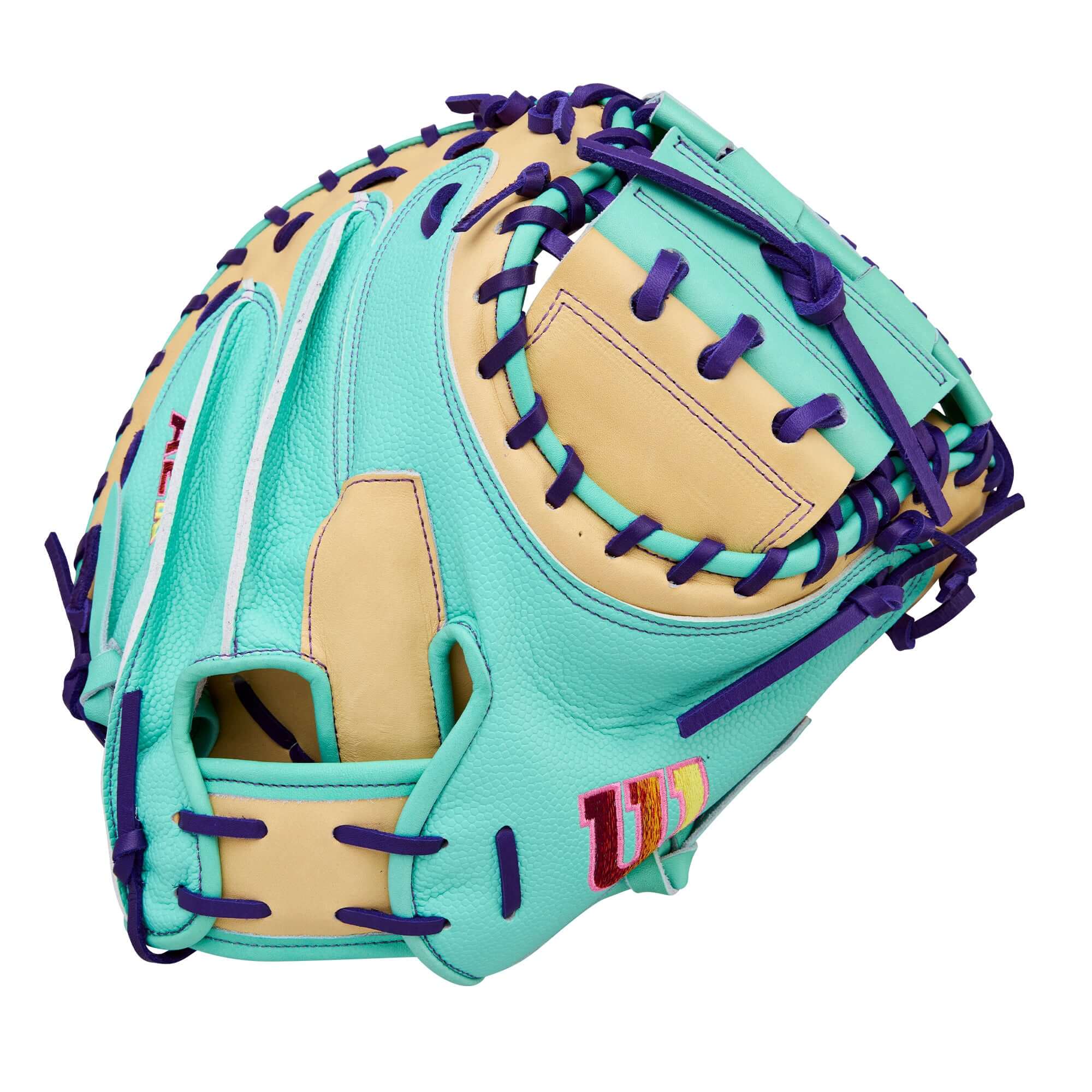 Wilson Spring 2026 A2K 1734SS 34” Baseball Catcher’s Mitt backhand view, teal and beige leather with purple lacing.