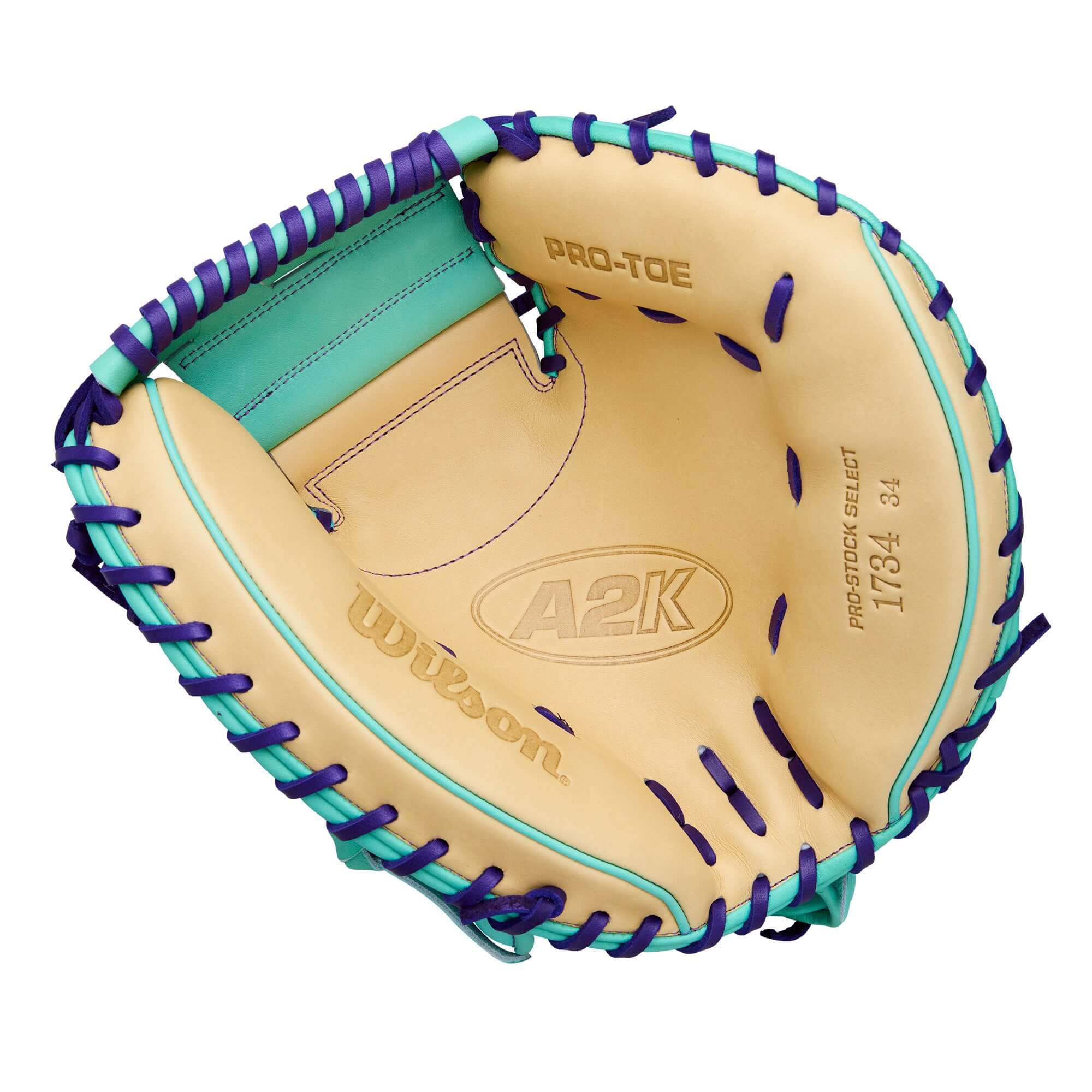Wilson Spring 2026 A2K 1734SS 34” Baseball Catcher’s Mitt palm view with tan leather, teal accents, and purple lacing details.