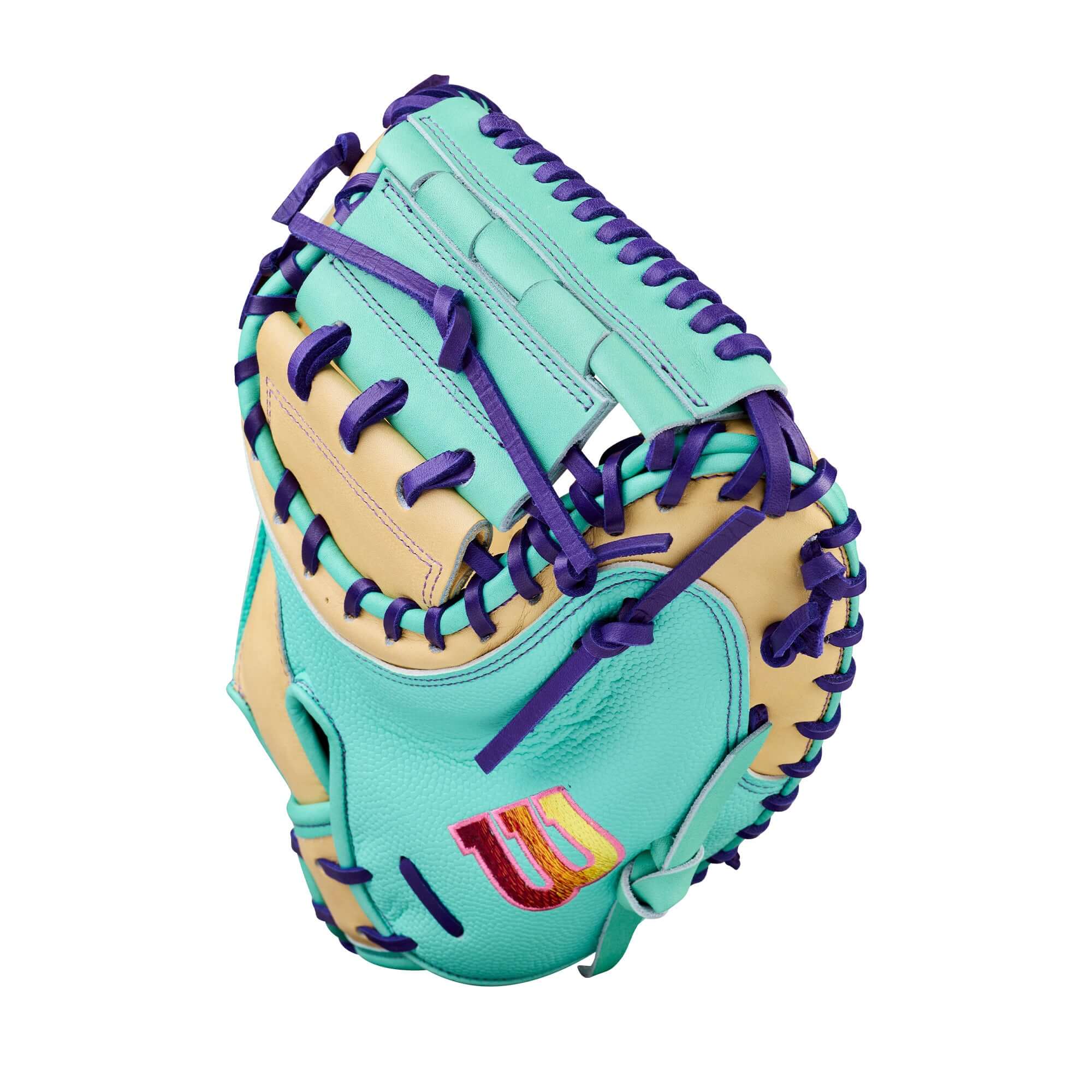 Backhand view of Wilson Spring 2026 A2K 1734SS 34” Baseball Catcher’s Mitt in turquoise and tan with purple lacing.