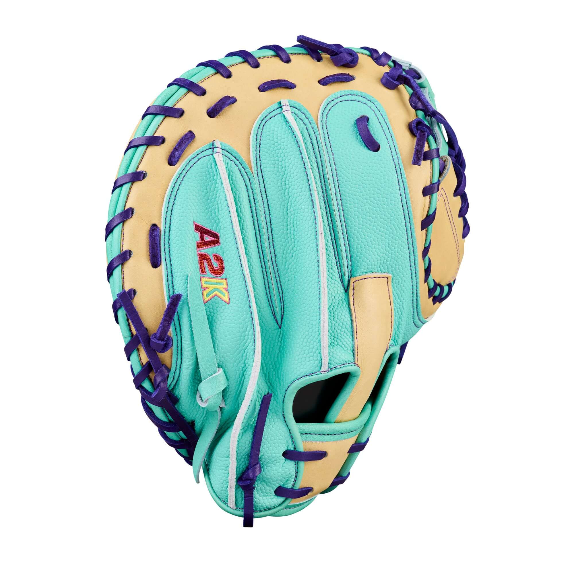 Wilson Spring 2026 A2K 1734SS 34” Baseball Catcher’s Mitt, backhand view, teal with purple lacing, A2K logo visible