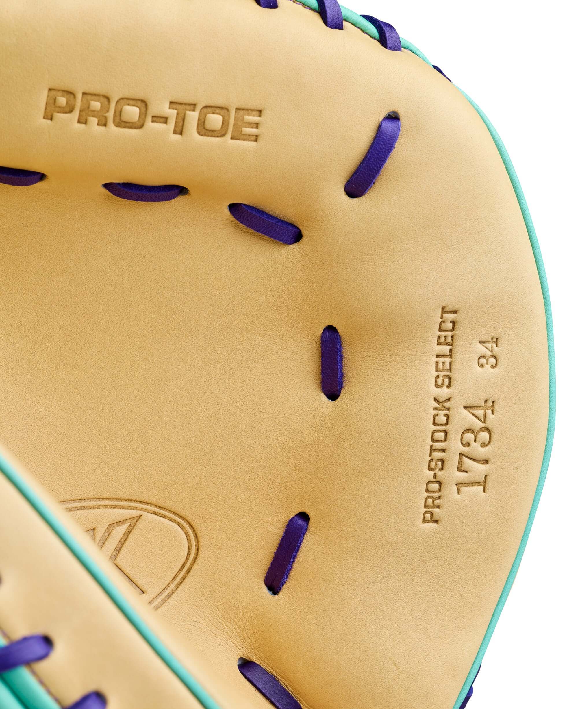 Interior lining with 'Pro-Stock Select 1734 34' and 'Pro-Toe' stamping of Wilson Spring 2026 A2K 1734SS 34” Baseball Catcher’s Mitt