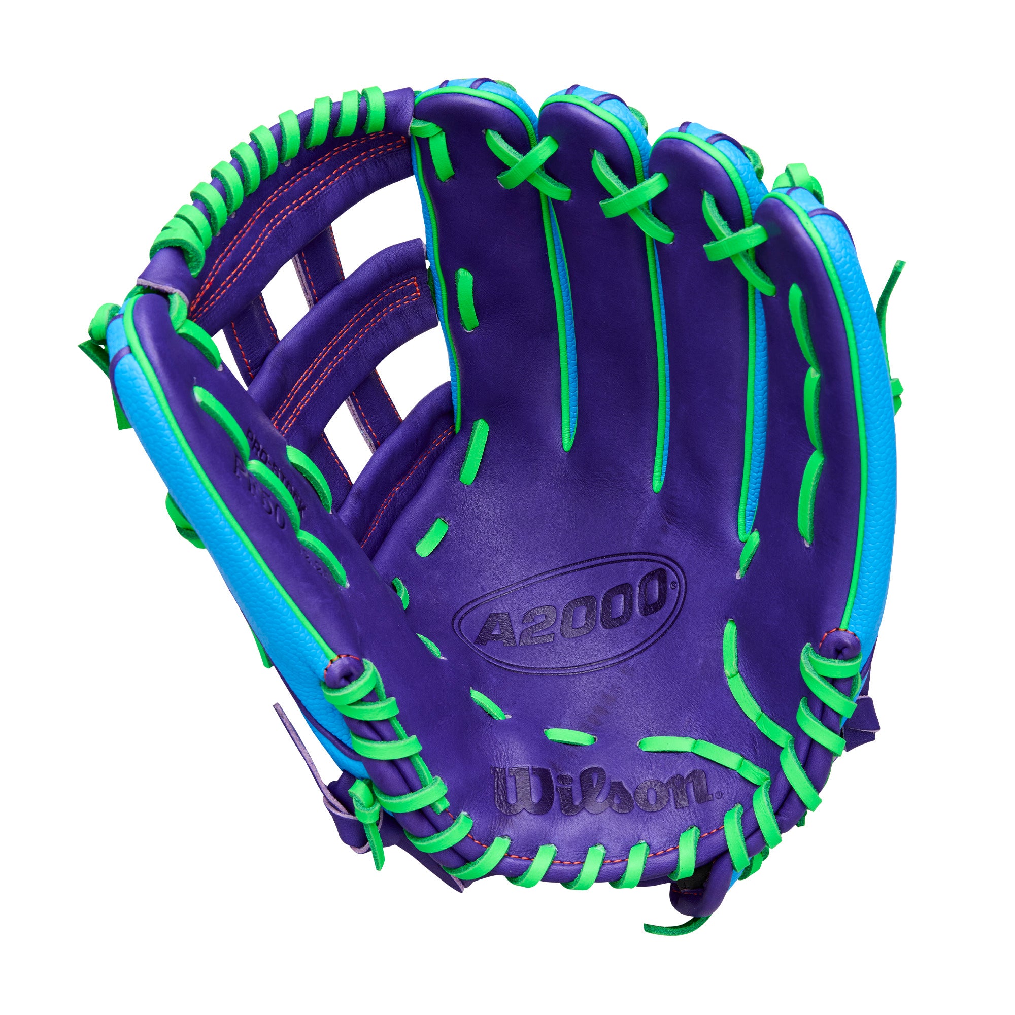 Wilson Spring 2026 A2000 PF50SS 12.25” Outfield Baseball Glove LHT in purple and green design for players with smaller hands.