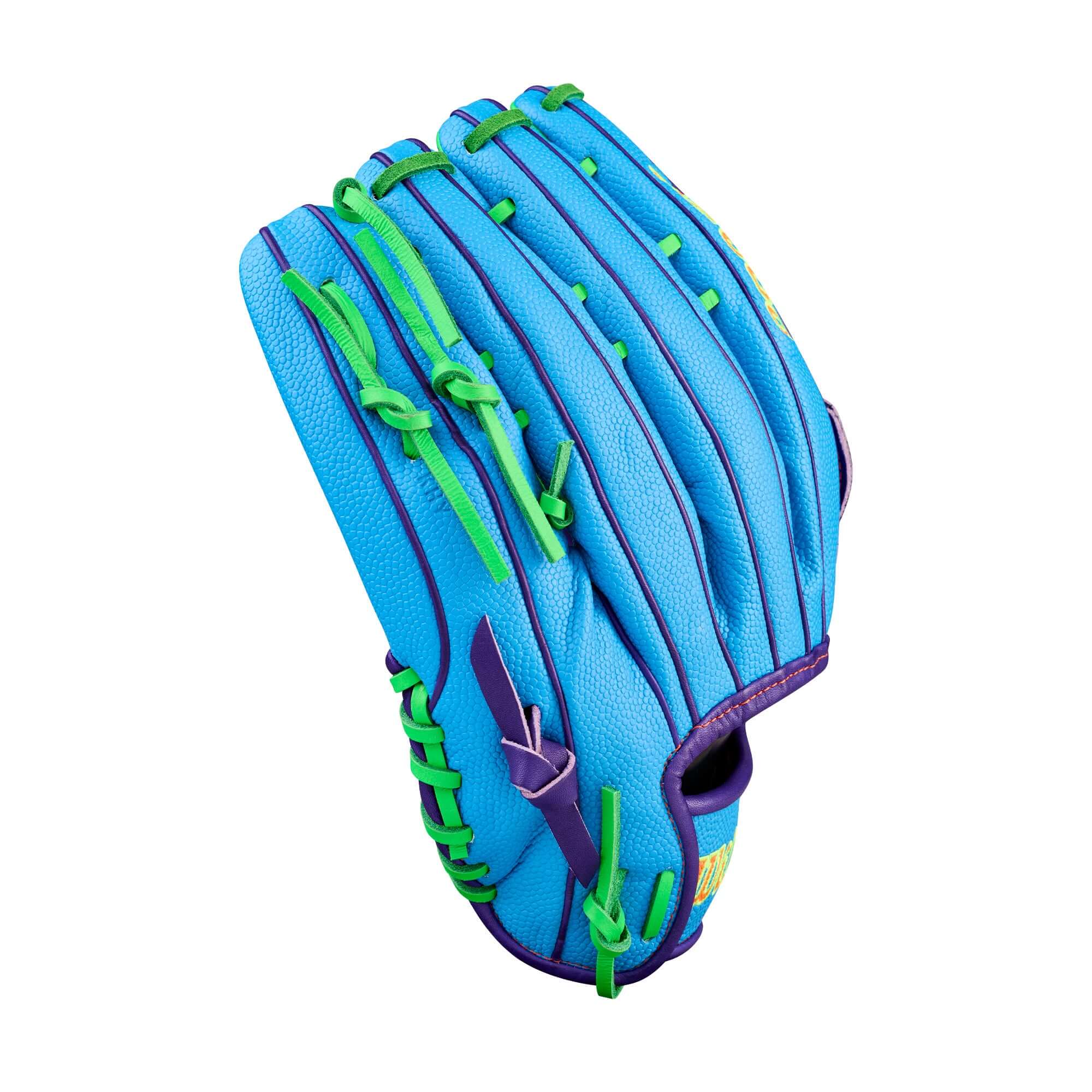 Wilson Spring 2026 A2000 PF50SS 12.25” Outfield Baseball Glove LHT in vibrant blue and green designed for smaller hands.