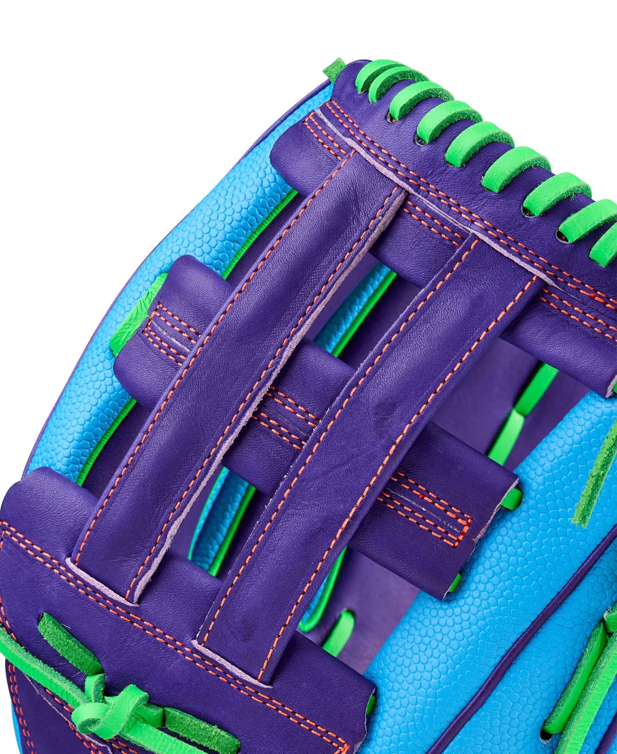 Close-up of Wilson Spring 2026 A2000 PF50SS 12.25” Outfield Baseball Glove LHT webbing detail in blue and green.
