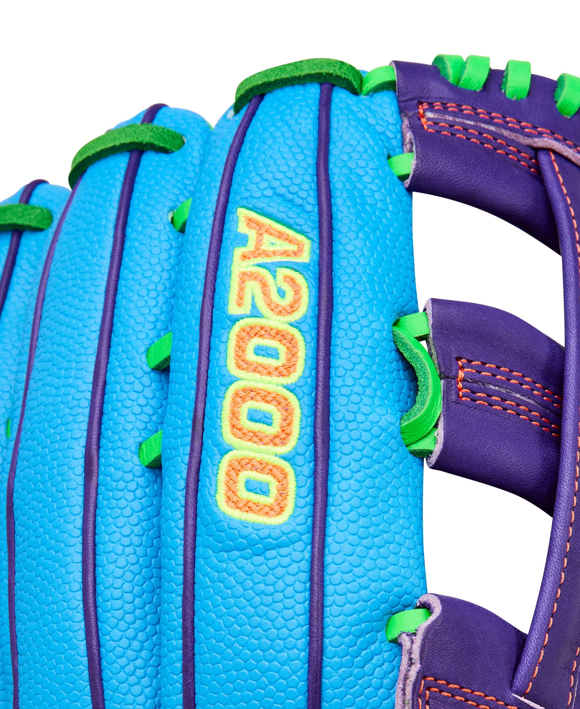 Wilson Spring 2026 A2000 PF50SS 12.25” Outfield Baseball Glove LHT, close-up of aqua blue and purple leather with green accents.