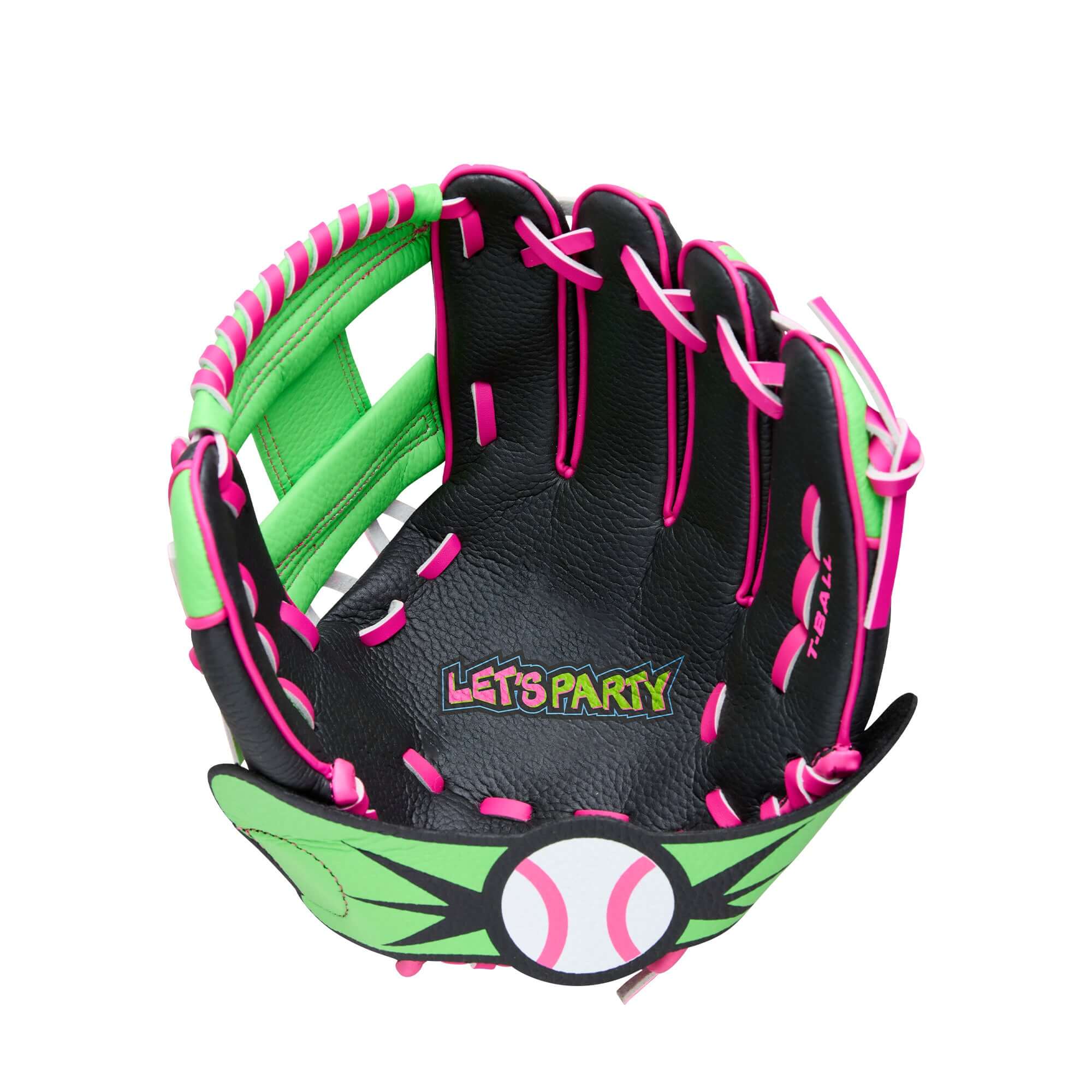 Palm view of Wilson 2026 Party Animals A200 10" Glove Ball Bat Kit LHT with EZ Catch design