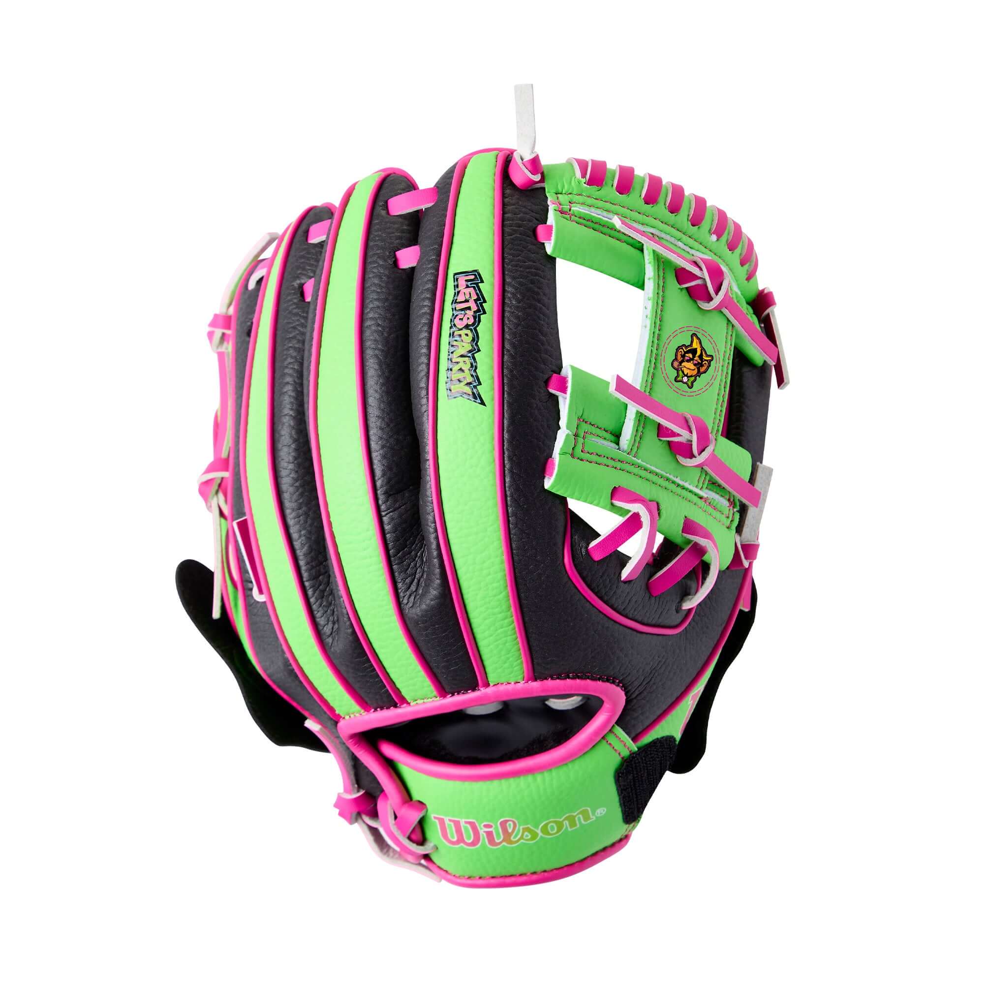 Back view of Wilson 2026 Party Animals A200 10" Glove Ball Bat Kit LHT showing rolled dual welting