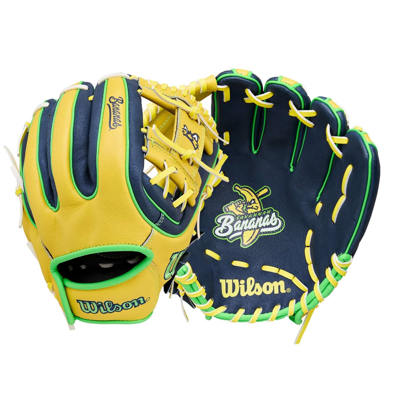 Wilson 2026 A450 Savannah Bananas 11" Youth Baseball Glove front and back yellow blue neon design.